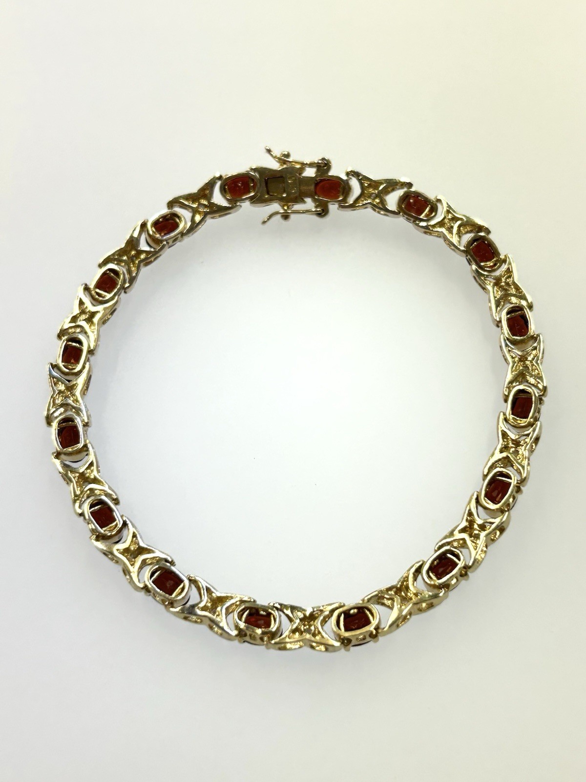 Vintage Sterling Silver Gold Toned X’s & O’s Bracelet With Red & Clear Stones