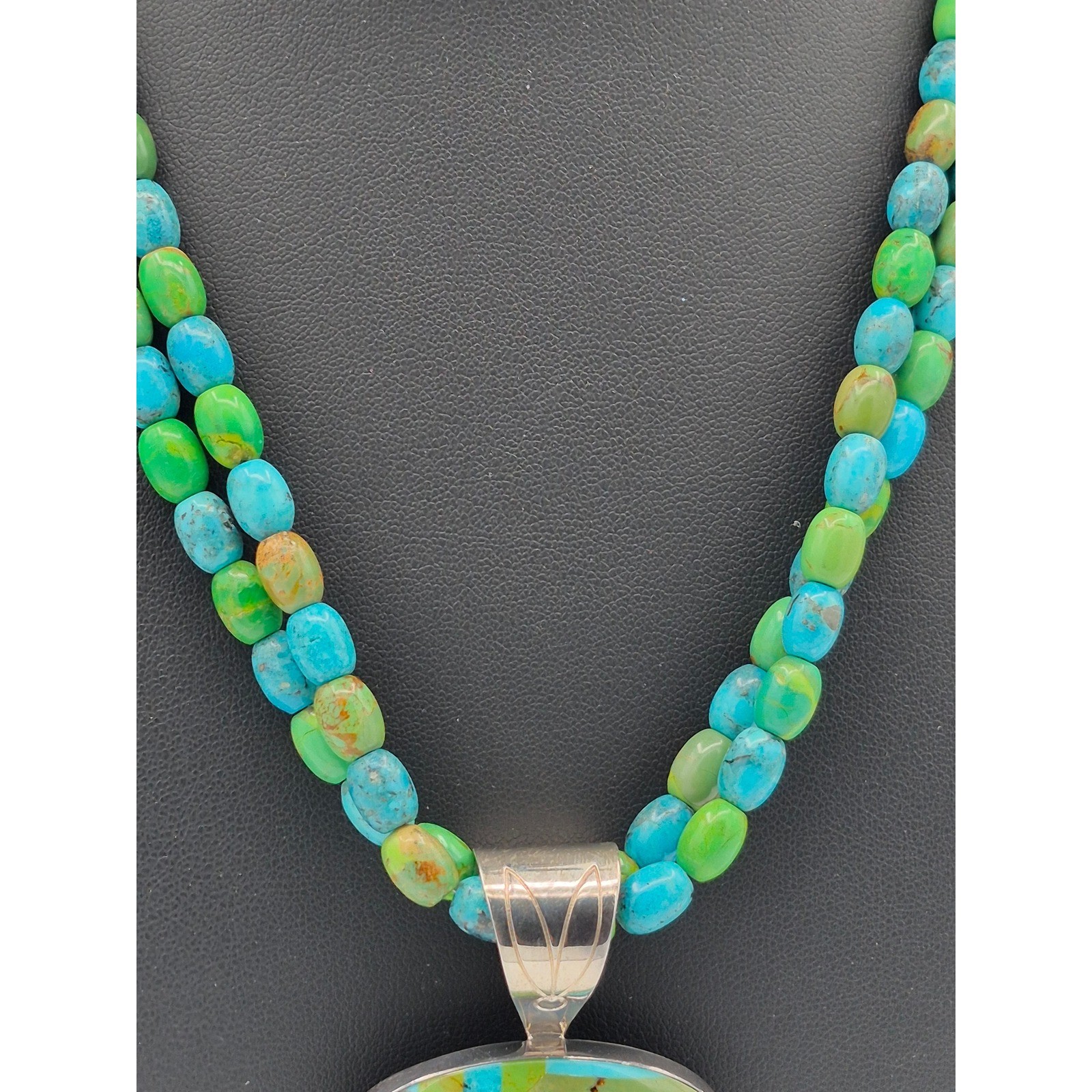 Vintage Jay King Necklace Turquoise Green Mojave Inlay Pendant Double Strand 925