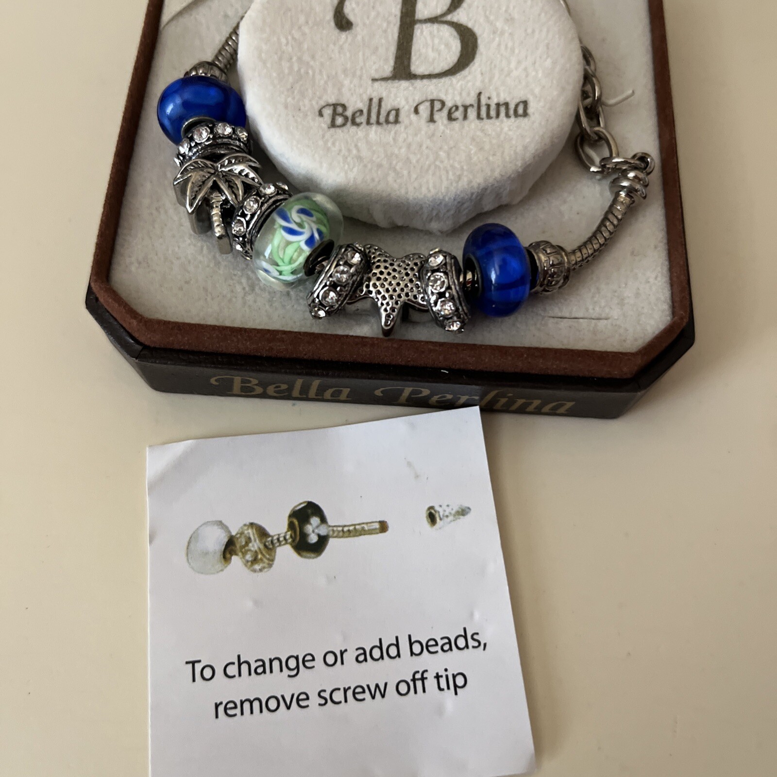 NIB~Bella Perlina European Charm Bracelet – Themed Tropical, Blue, Silver