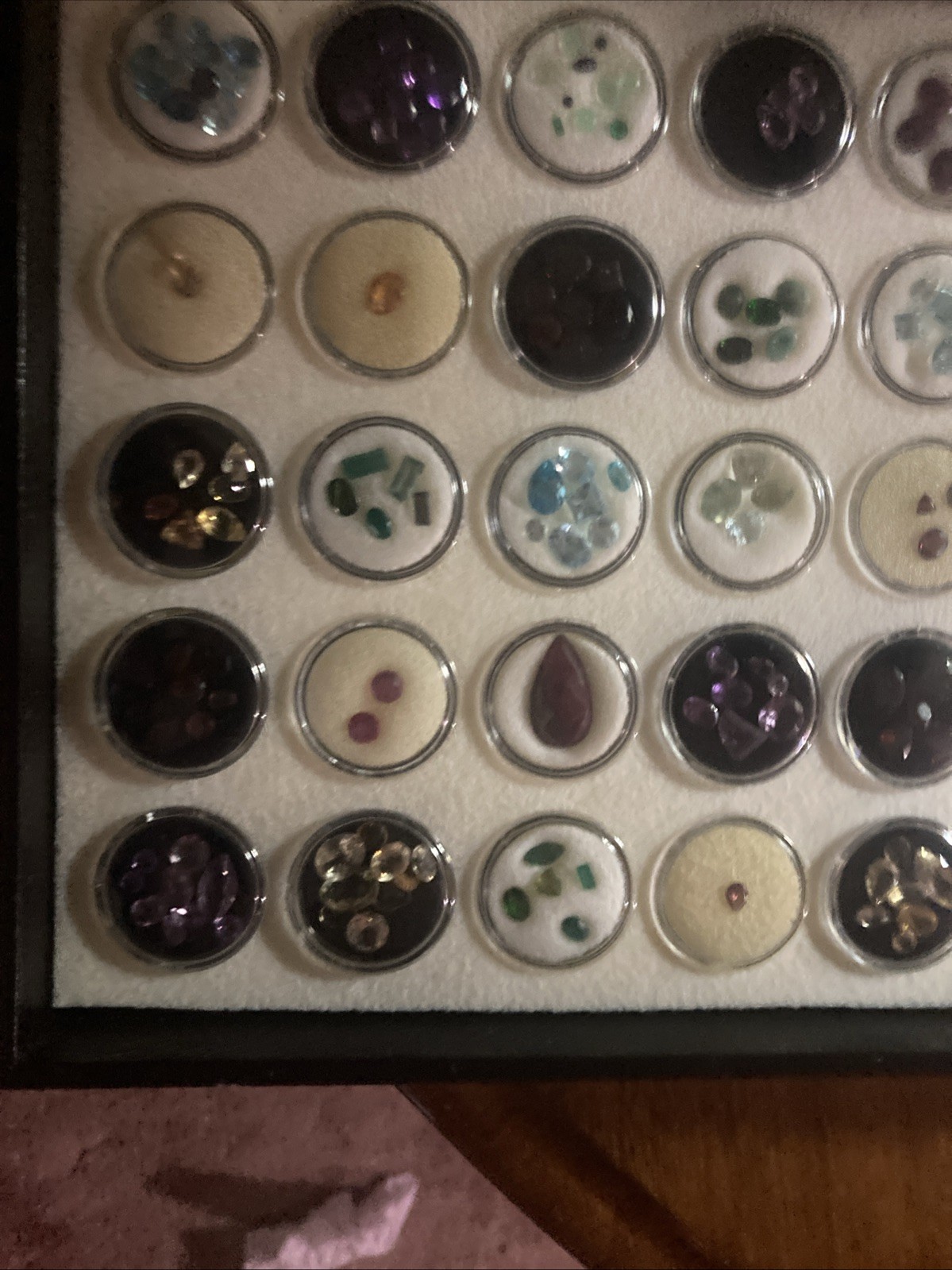 Assorted Multicolor Cut Loose Gemstones in Display Case, Gems In 100 Capsules