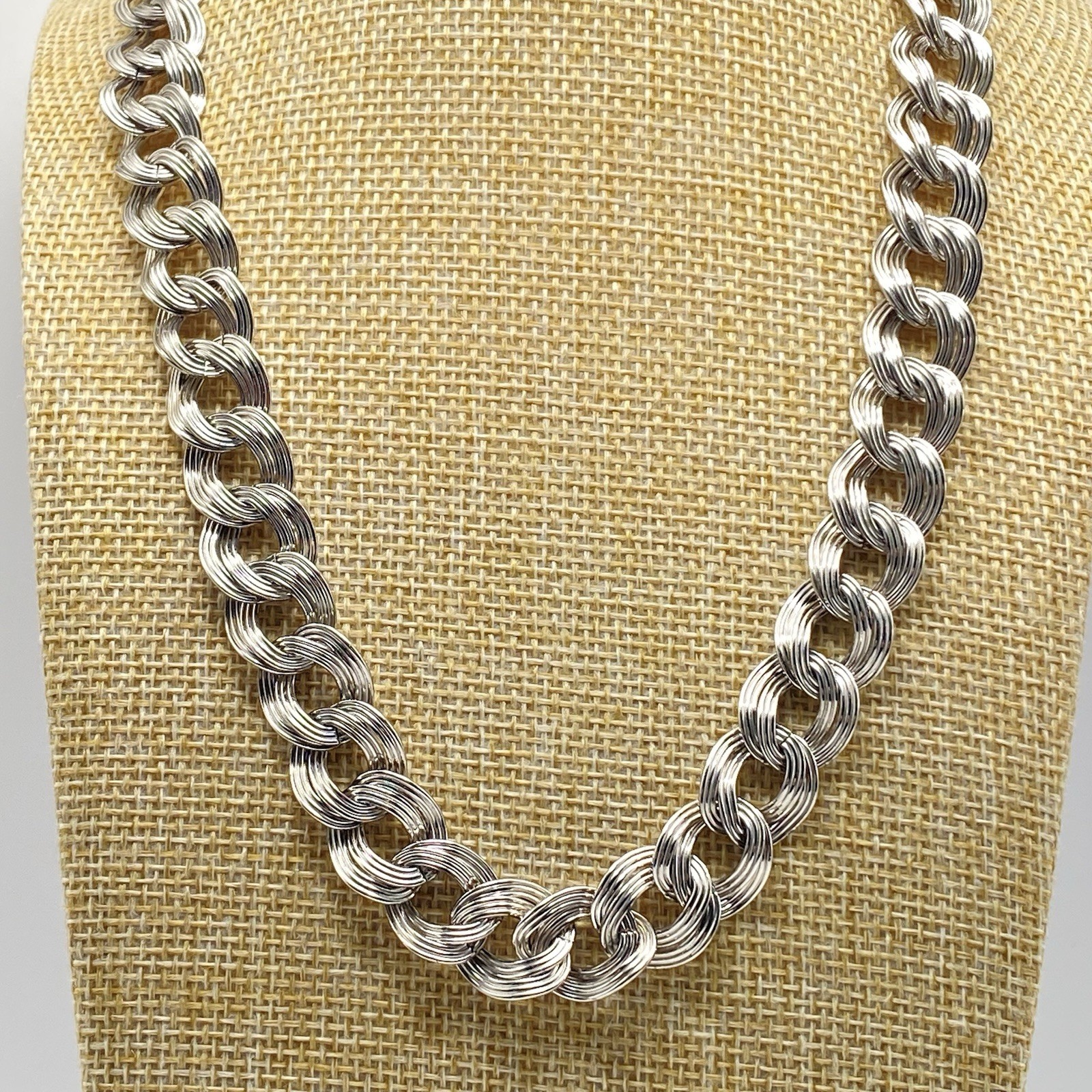 Monet Double Curb Link Necklace Silver Tone Vintage Hook Closure 1980s 20”