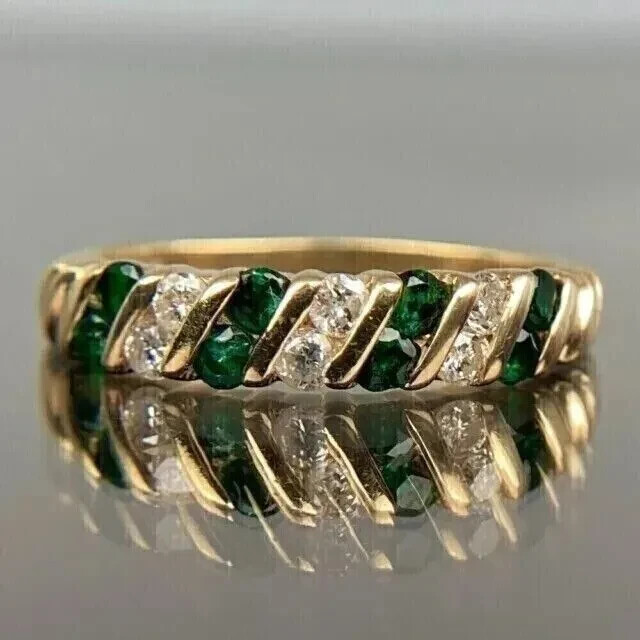 2Ct Round Lab-Created Emerald 14K Yellow Gold Plated Wedding Band Ring Women’s
