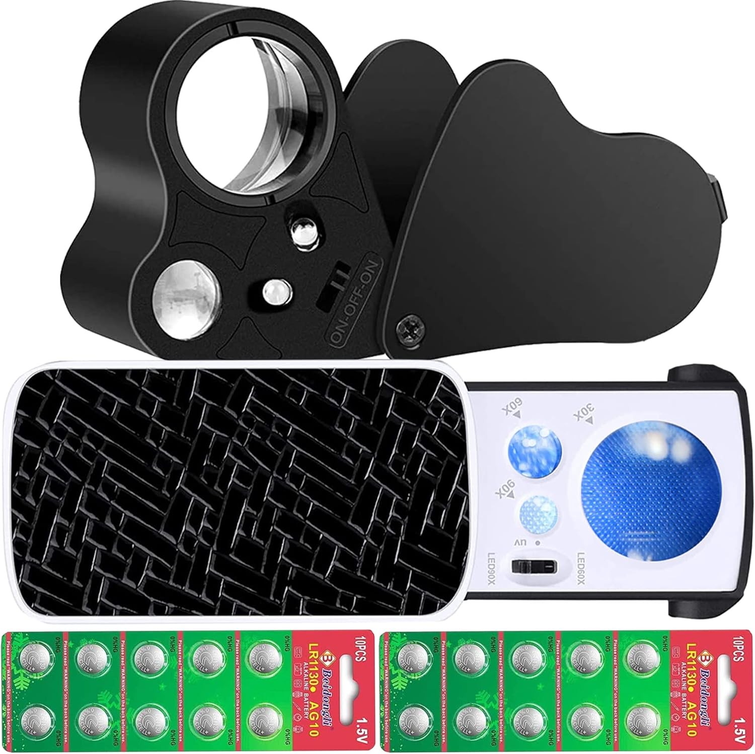 Jewelers Loupe, 2 Pack Magnifying Glass with Light, 30X 60X 90X Black