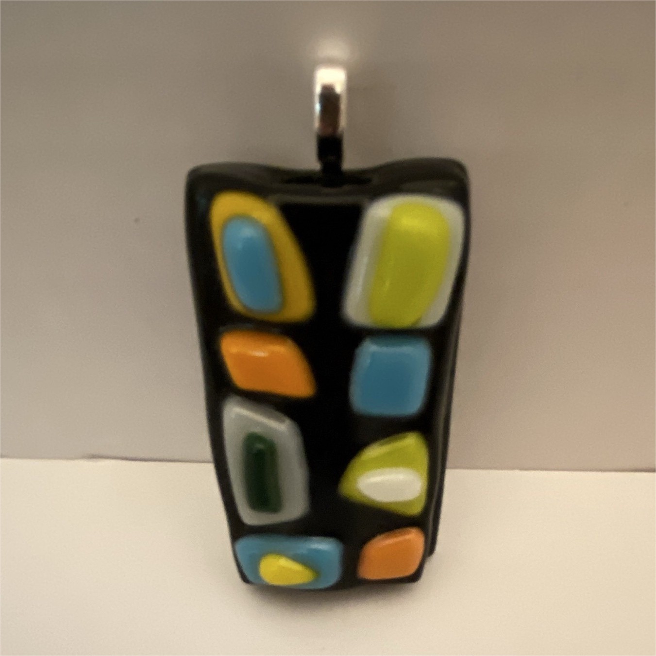 Fused Glass Silver Tone Bail Rectangle Glass Charm Pendant Multicolor Handmade