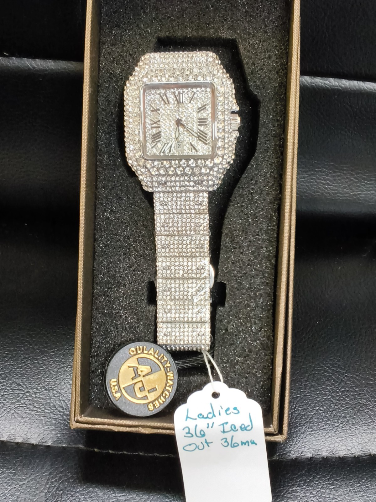 AJ Quality Watches Women’s 36mm Iced Out Silver Tone Square Date Quartz Watch…