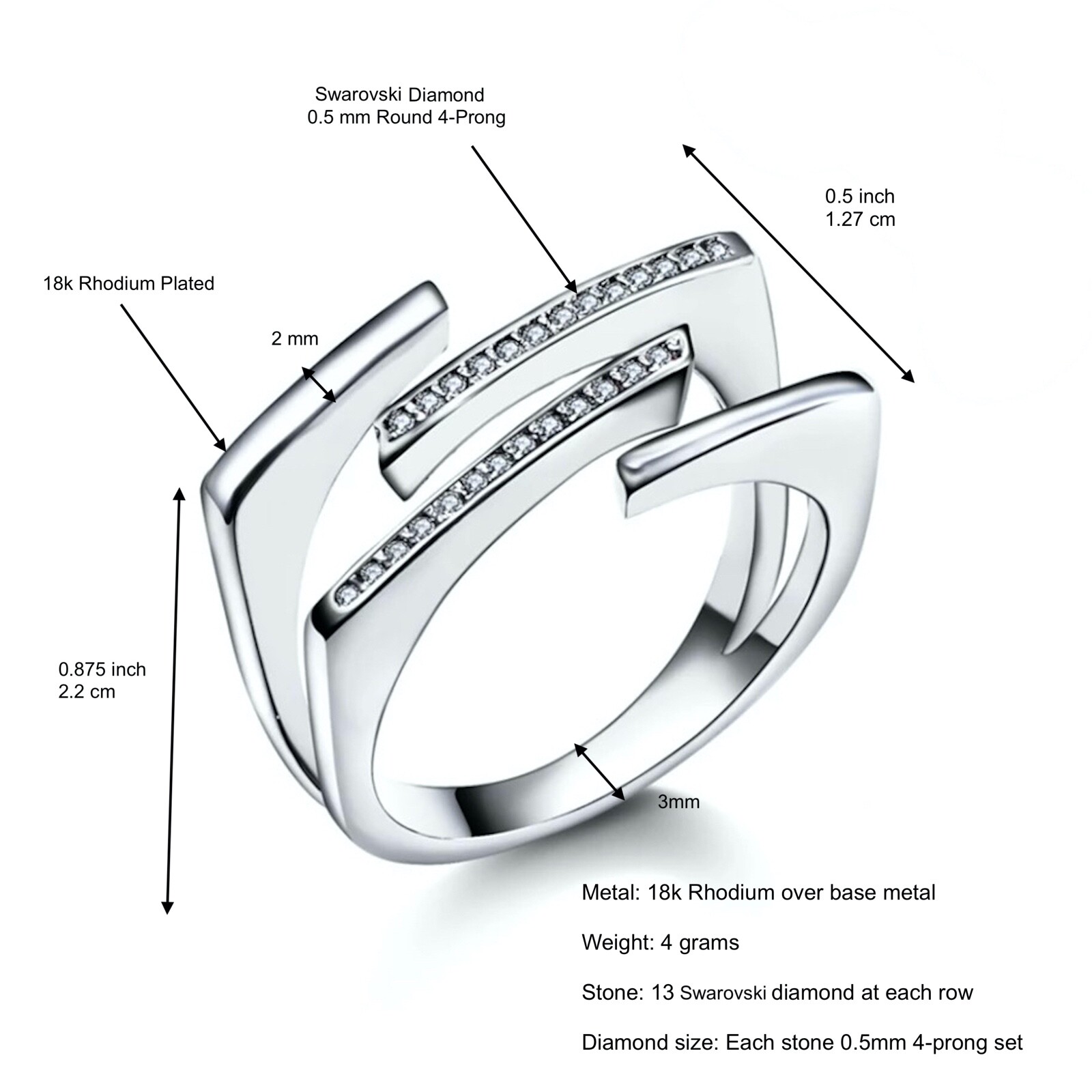 18k White Gold Plated Square Ring made w Swarovski Crystal Stone Designer Style