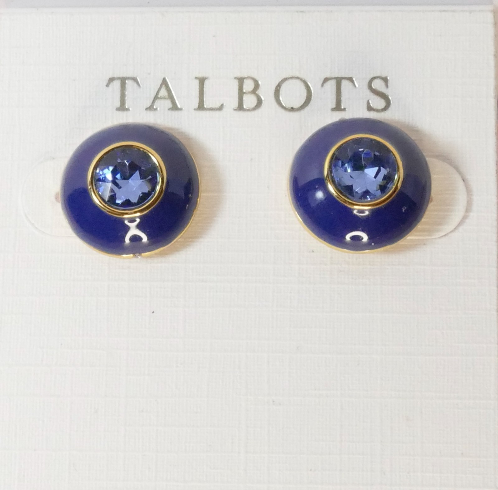 New Talbots Blue Enamel Crystal Button Stud Earrings Gold Tone Sapphire Blue NOC
