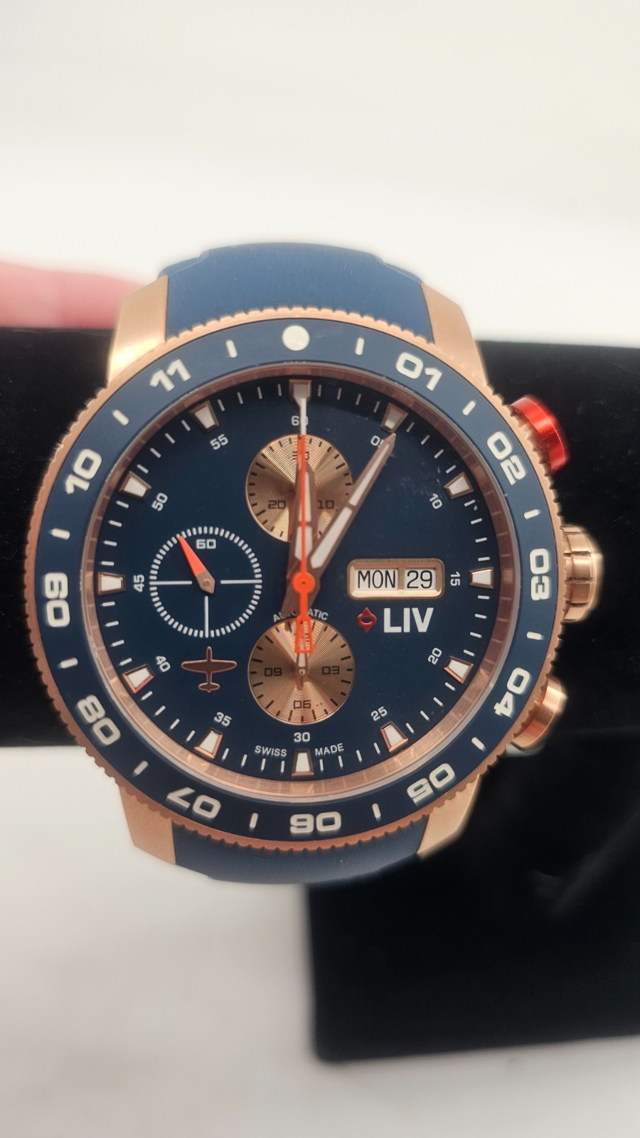 LIV P-51 Rose Titanium 46mm Blue Day Date Automatic Chrono Watch Limited 465/500