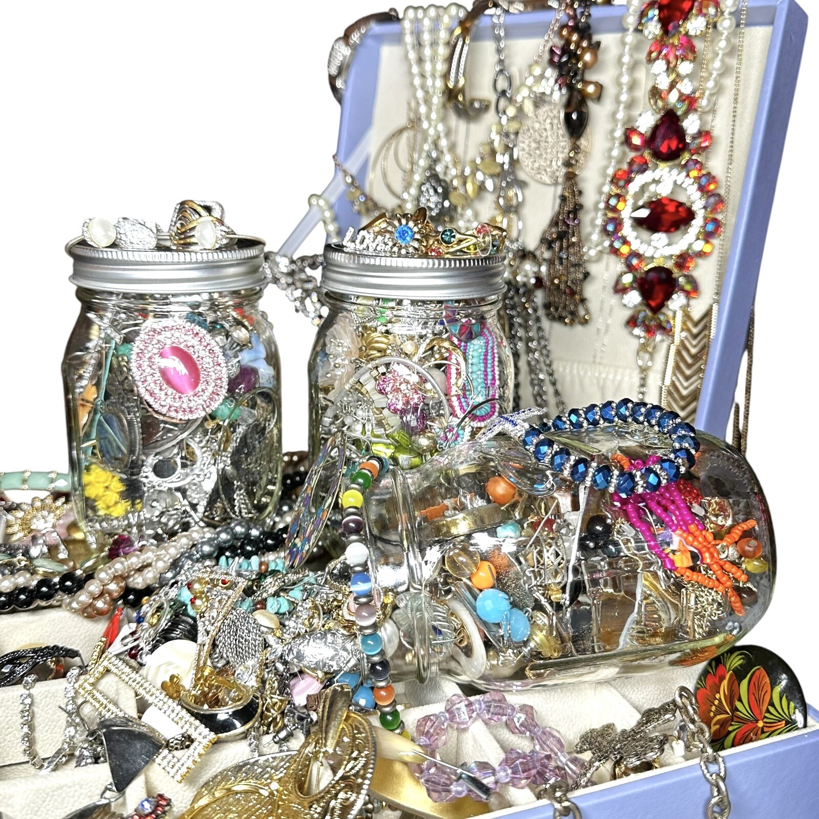 1+Lb Full (1) Ball Mason Jar Mystery Lot All Wearable Jewelry GUC Necklaces Etc.