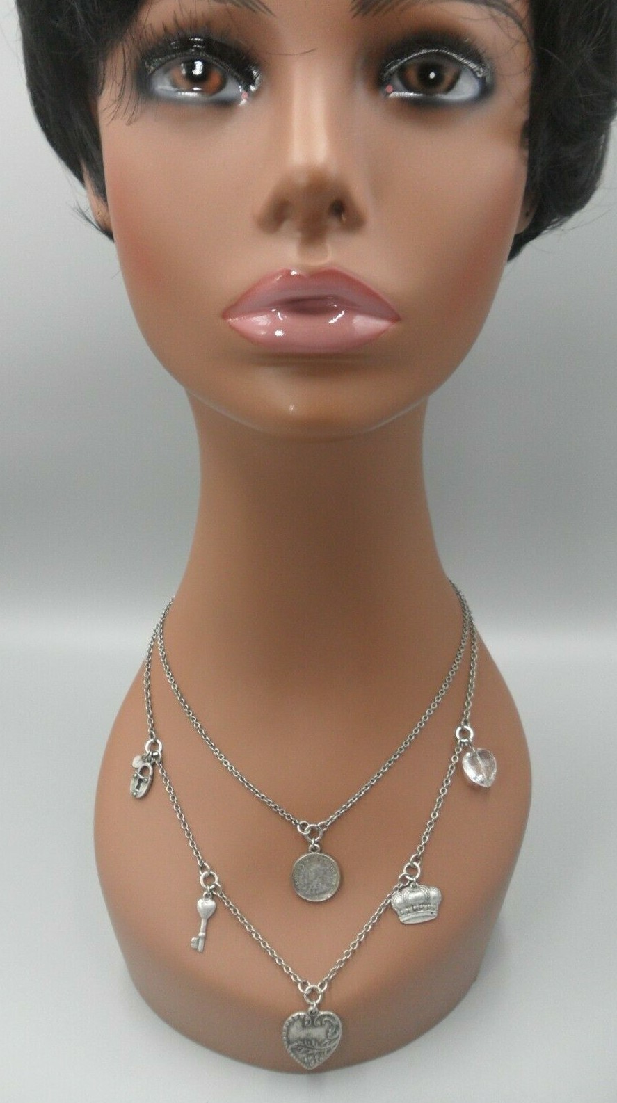 AE Signed Charm Necklace American Eagle Layered Coin Heart Crown Lock Key EUC