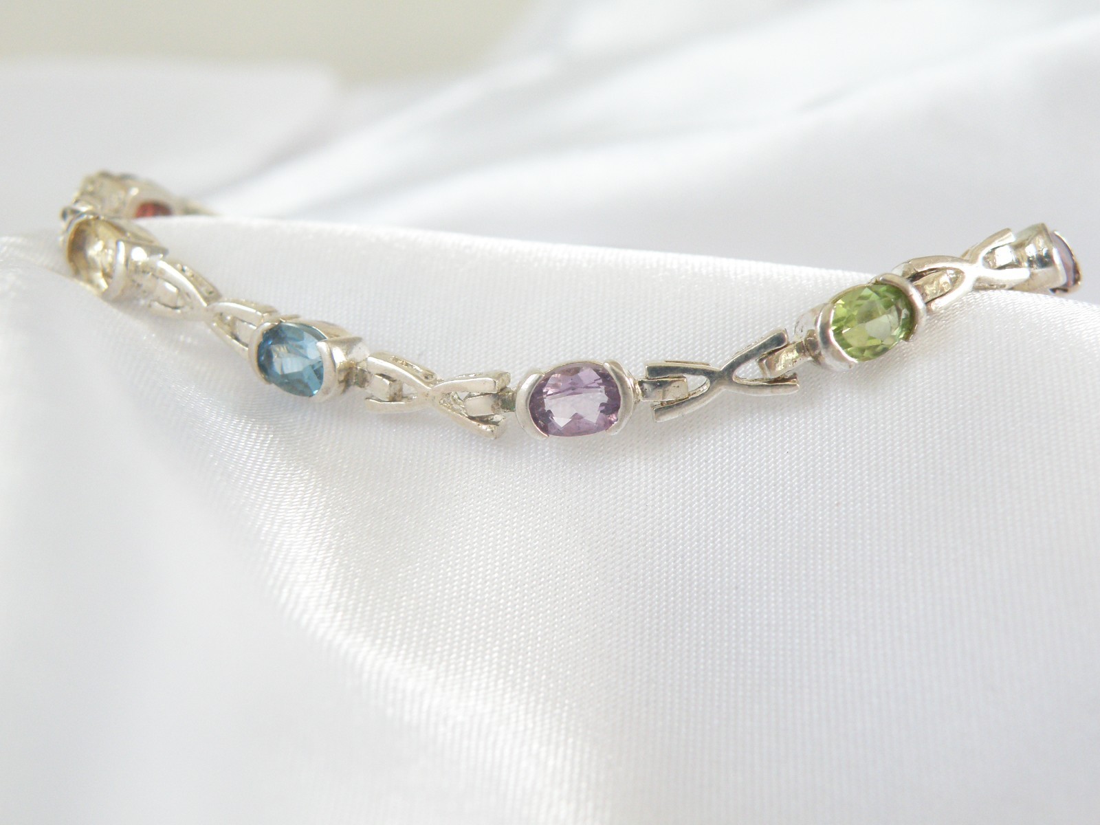 Vintage Sterling Silver 925 Gemstone Tennis Station Link Bracelet 7″