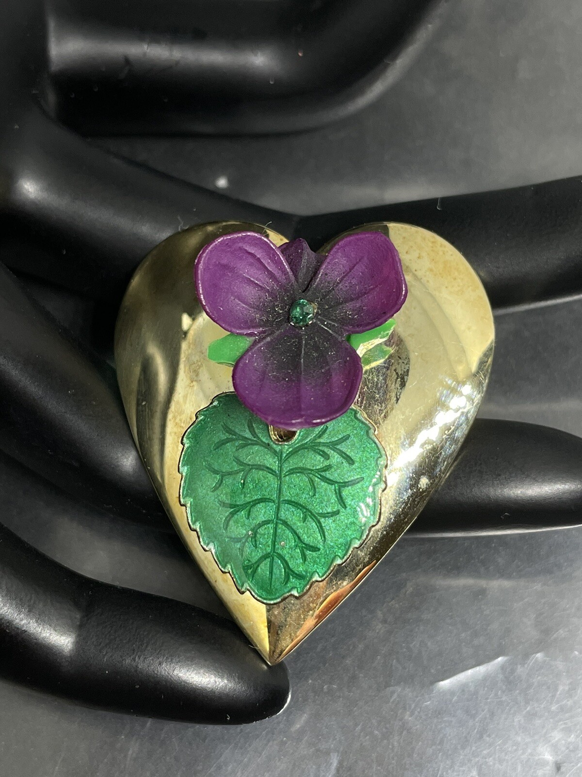 Vintage GoldTone, Enamel, Ceramic, Crystals Violet Heart Pendant/ClipOn Earrings