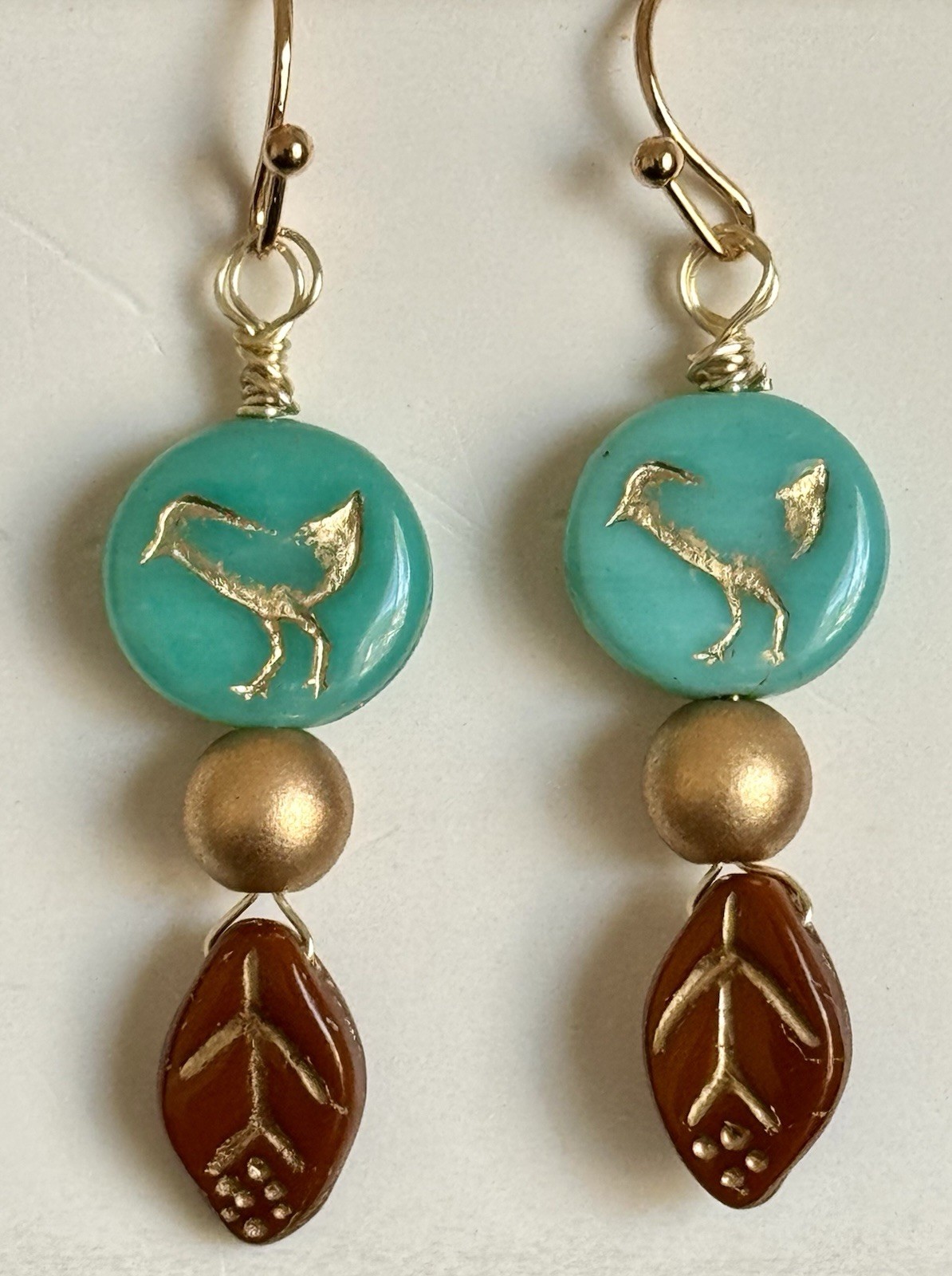 Gold, Brown Leaf and Teal Bird Bead Earrings. Love. Nature