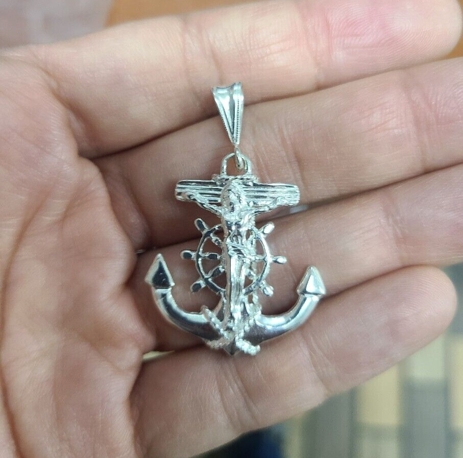 925 Sterling Silver Anchor Mariner Crucifix Cross Pendant 1 1/4 Inch (31mm)
