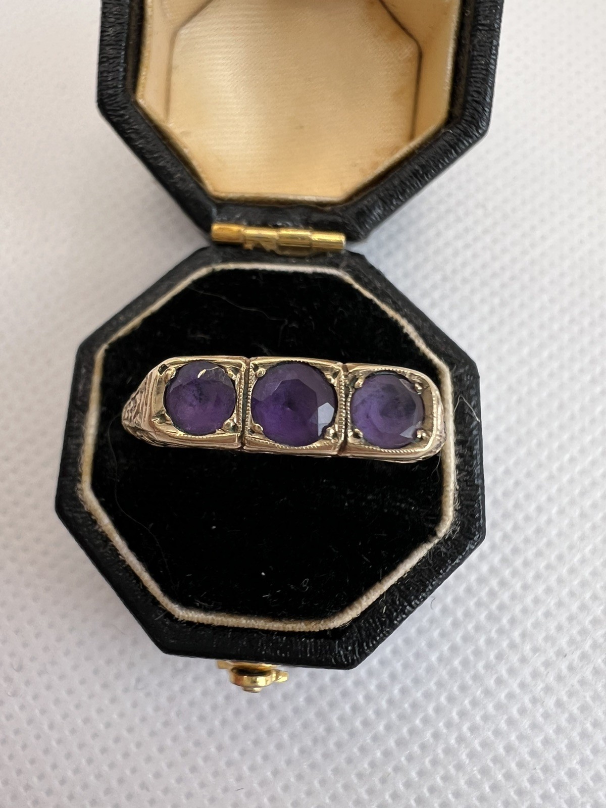 Vintage 9ct Gold Natural Amethyst Trilogy Half Hoop Ring Pierced Gallery; M 1/2