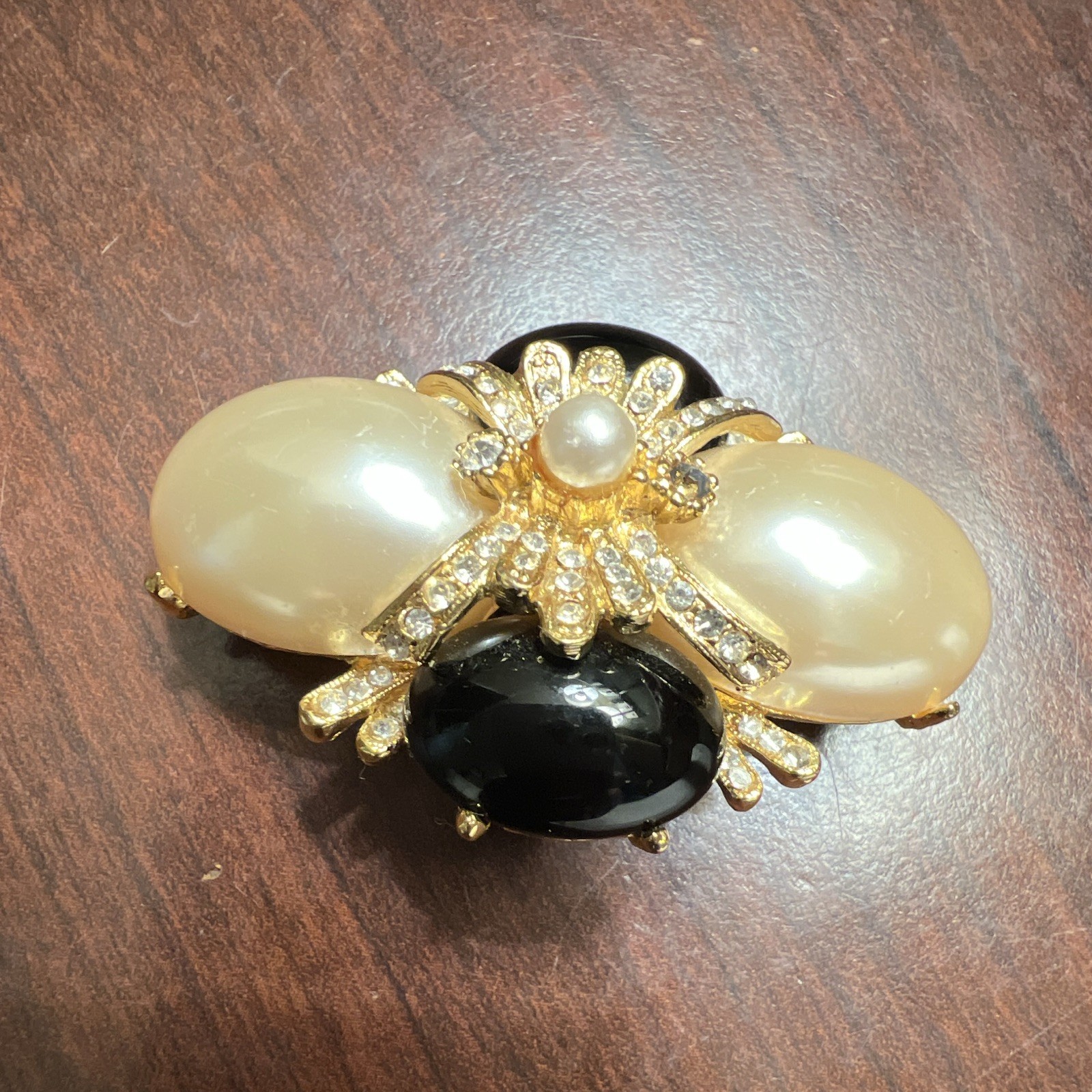 Vintage Signed Joan Rivers Faux Pearl & Black Enamel & Crystal Gold Tone Brooch