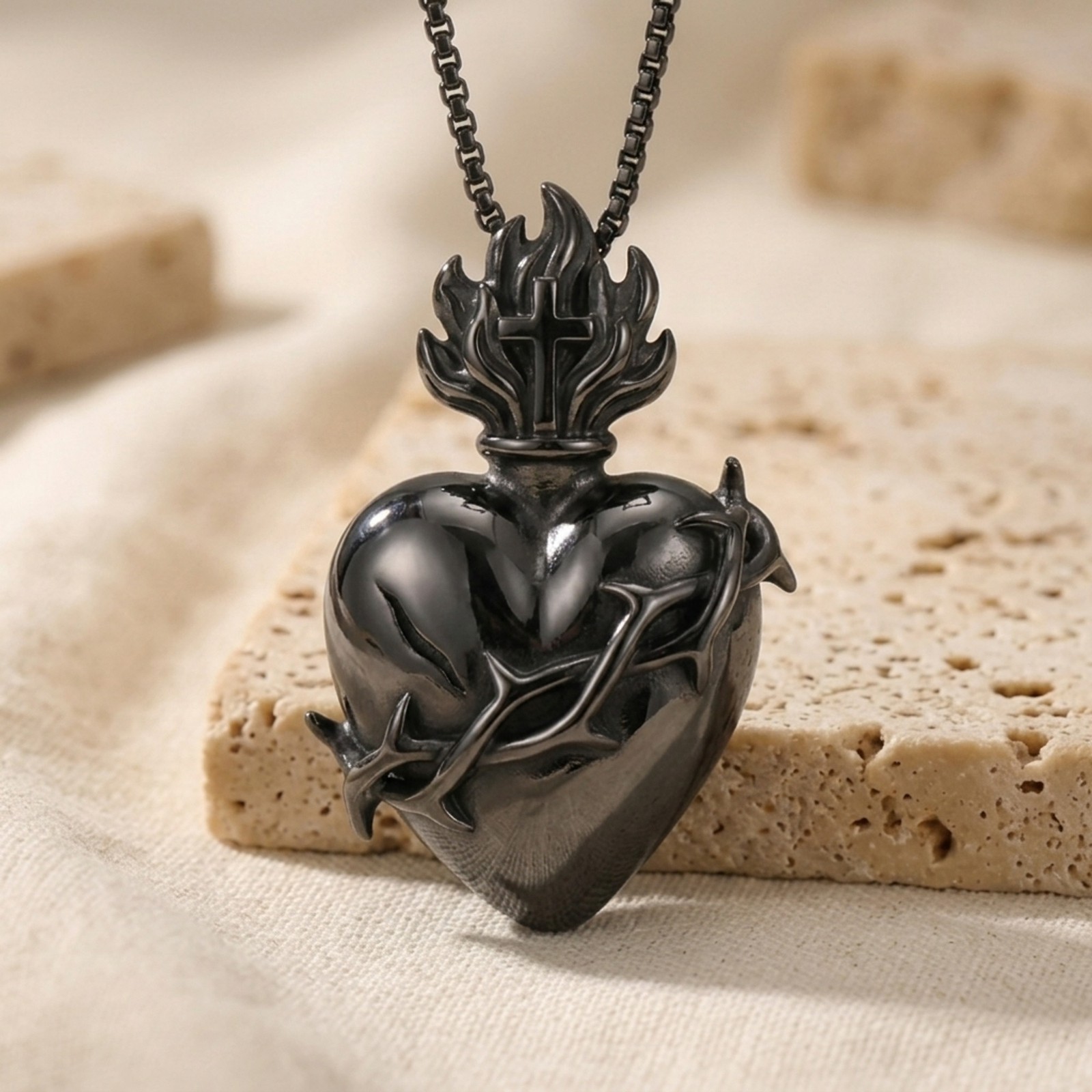 Handcrafted Sacred Heart Pendant 925 Sterling Silver Oxidized Crown Thorns