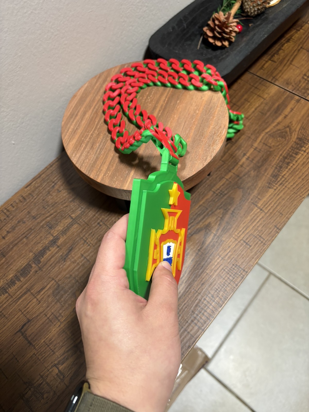 Portugal Shield Charm Pendant Necklace Curb Link Chain Plastic Green Red Yellow