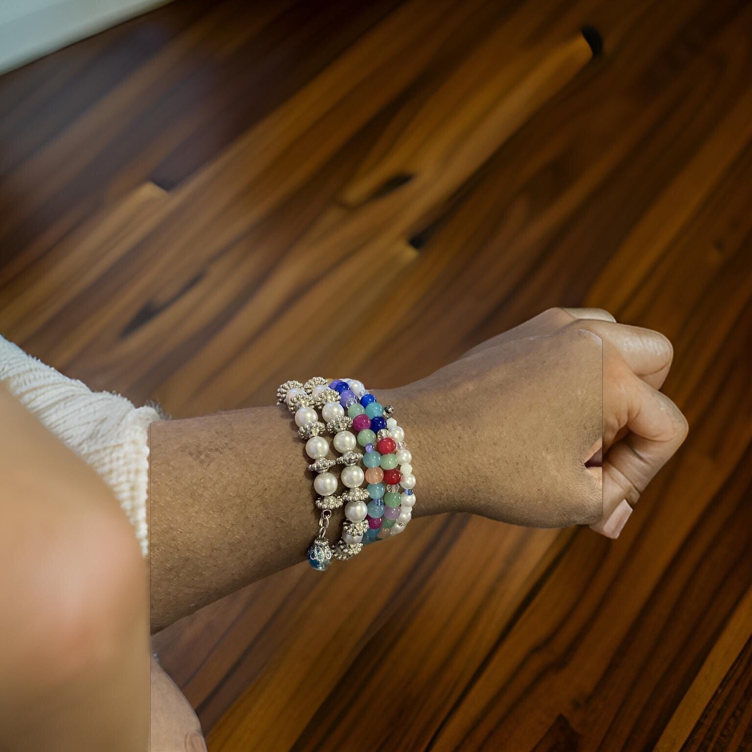 White pearl multicolor 8mm glass beads handmade Wrap Bracelet