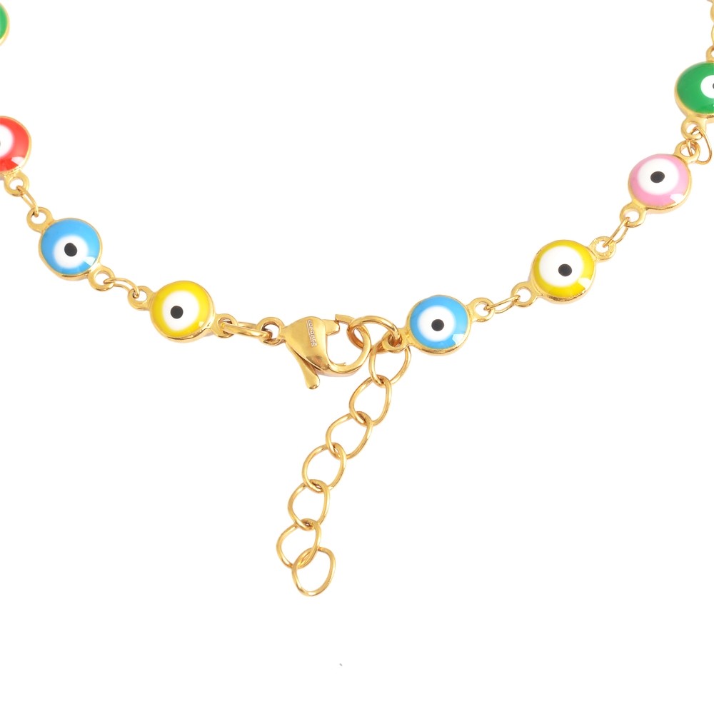 18k Gold Plated Multi-Colored Yellow Blue Red Green Pink Evil Eye Anklet, 9″+ 2″
