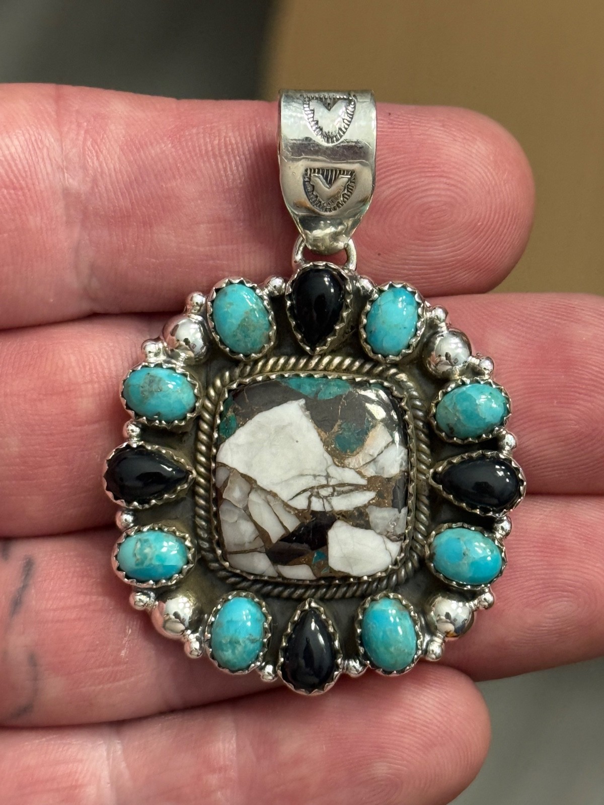 STERLING SILVER TURQUOISE WHITE BUFFALO MIX ONYX BIG CLUSTER DOME PENDANT .925