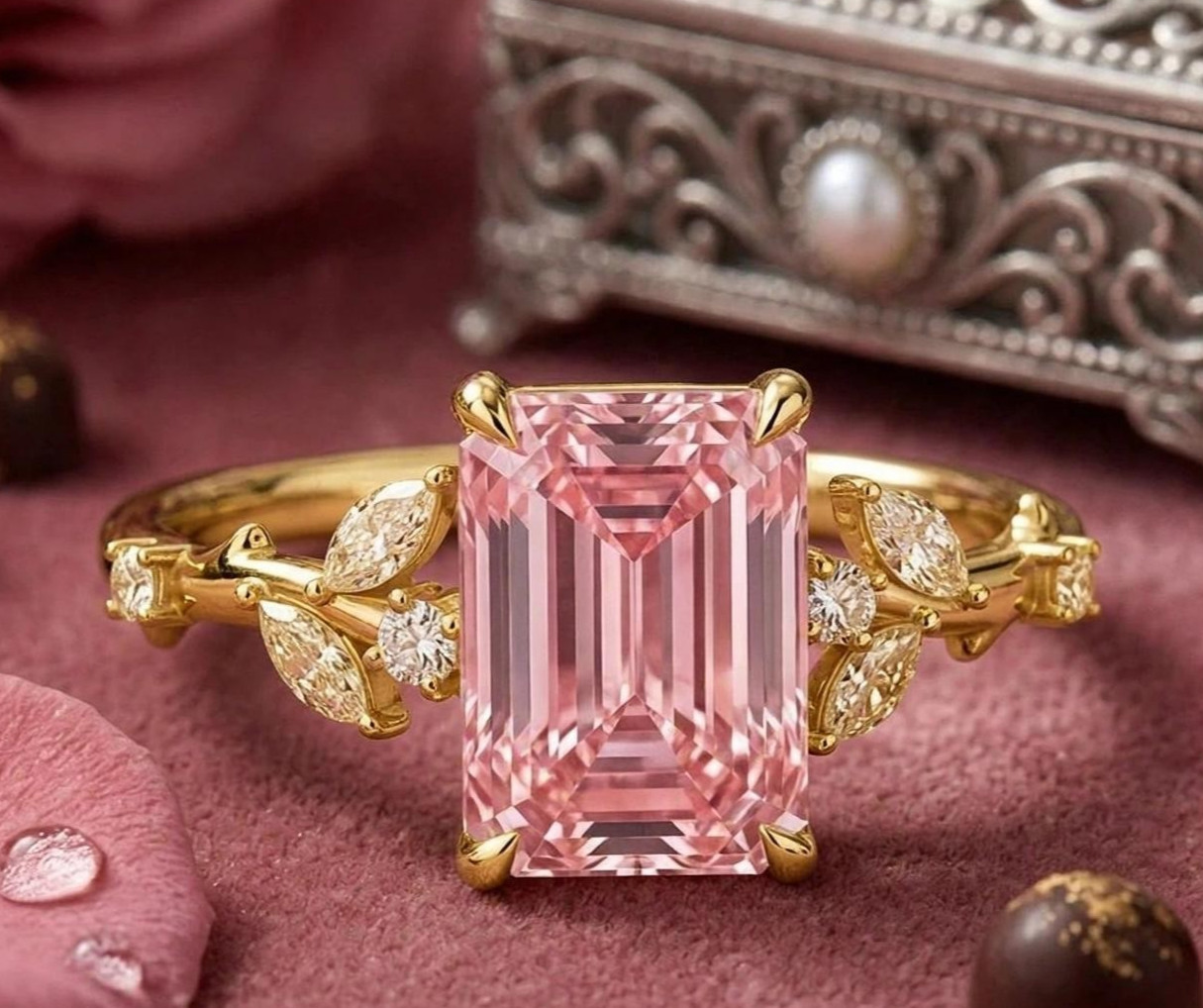 RARE 4.40 Ct Certified Emerald Cut Pink Natural Diamond Ring Yellow Gold Finish