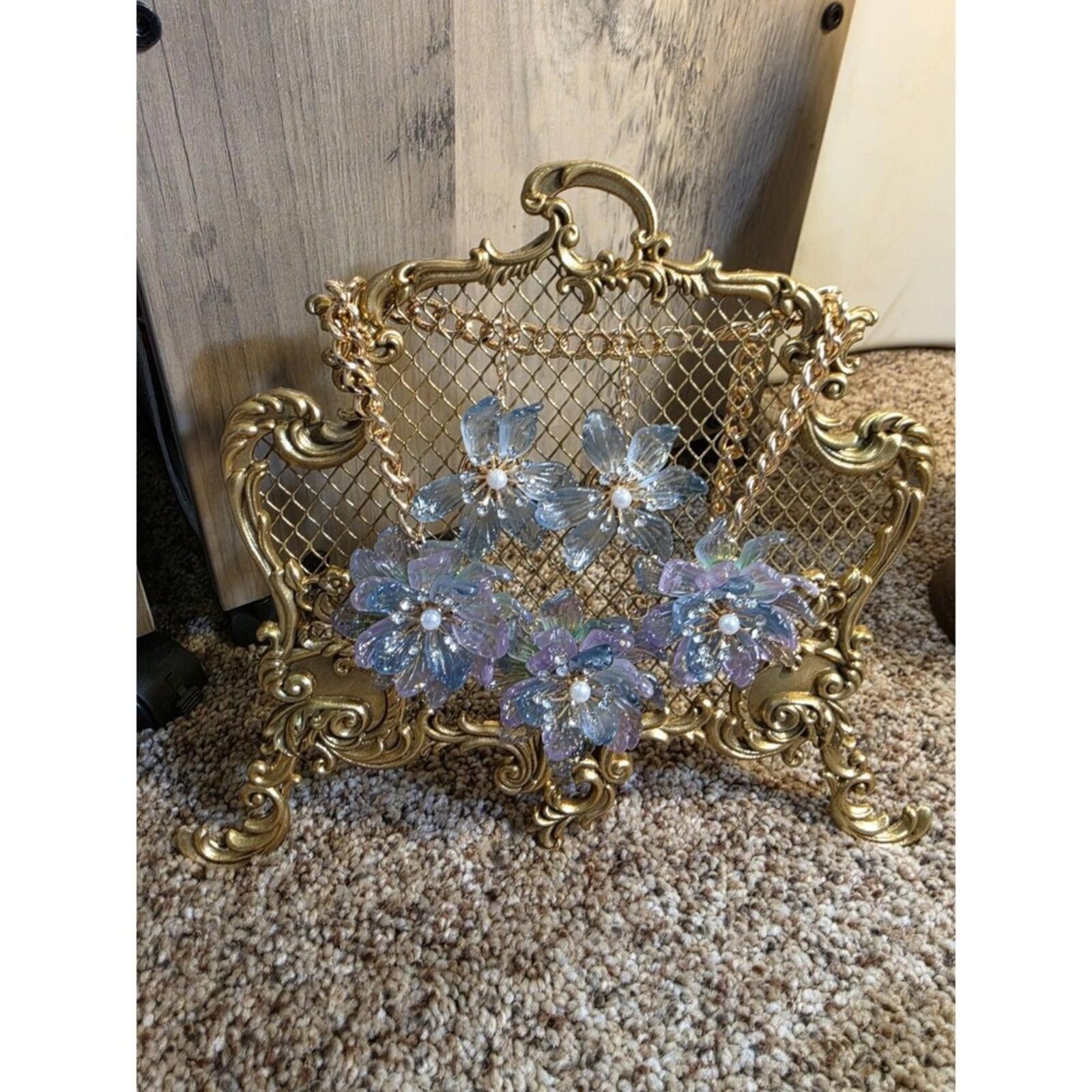 Purple and Blue 14k Gold-Plated Floral Statement Necklace and Earrings Set