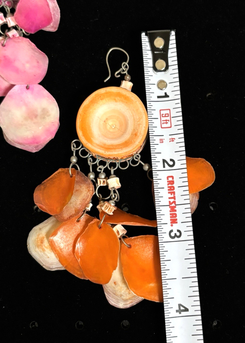 Shell Dangle Disc Fringe Hippie Boho Pink/Orange Silver Tone Earrings 3.75in