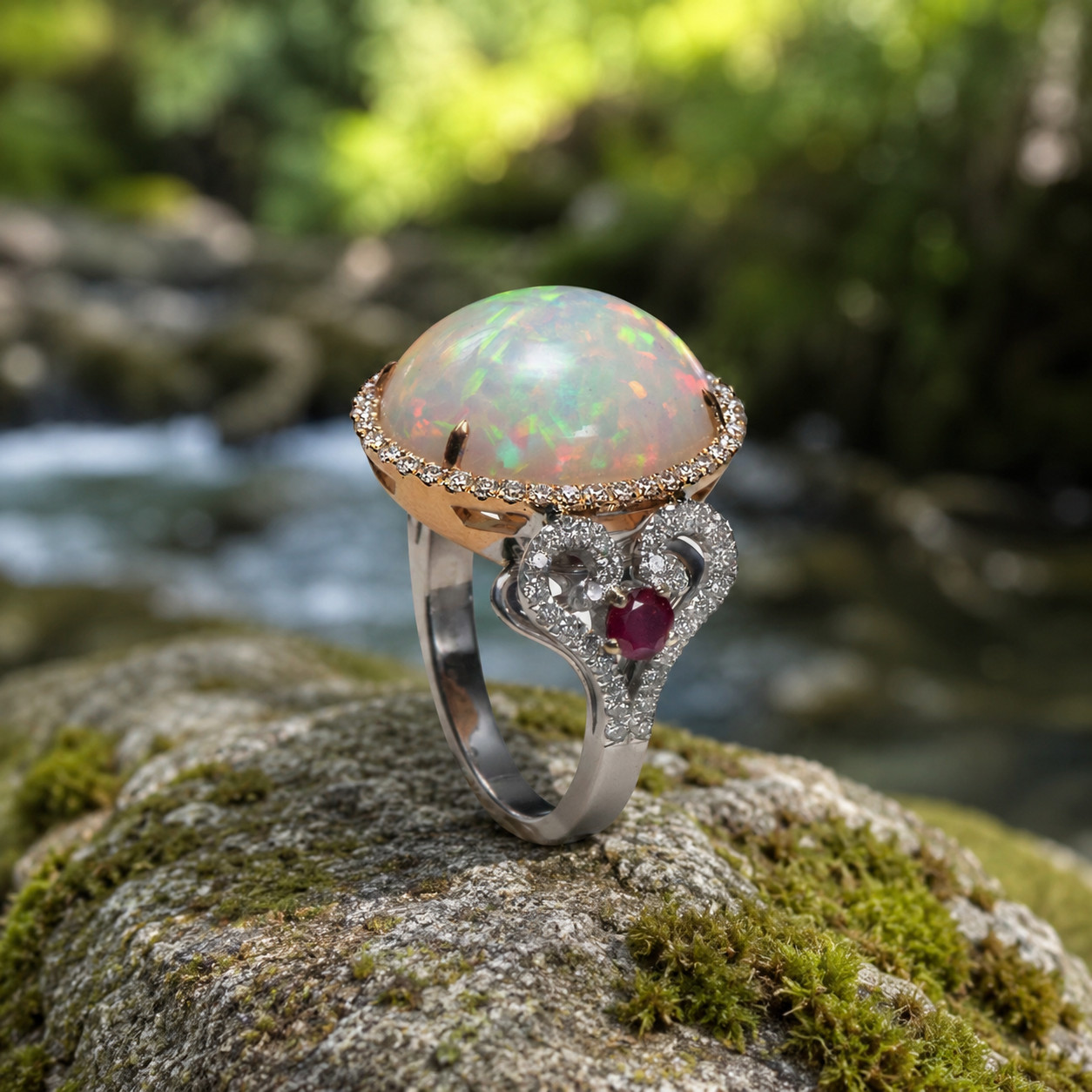 4Ct Oval Cut Lab-Created Fire Opal Halo Engagement Ring 14K White Gold Plated