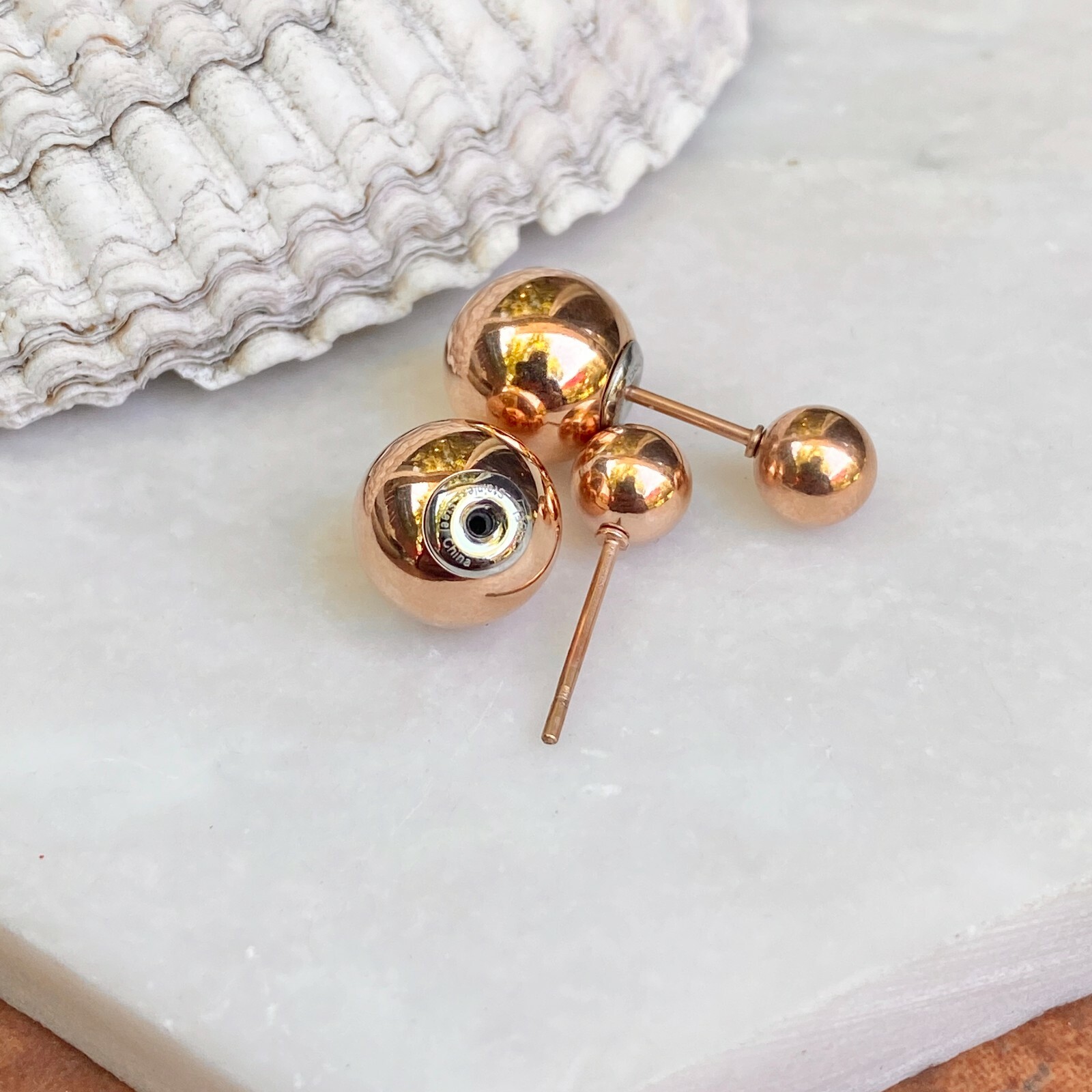 Rose Pink Toned Stainless Steel Double Ended Ball Post Stud Earrings Reversible