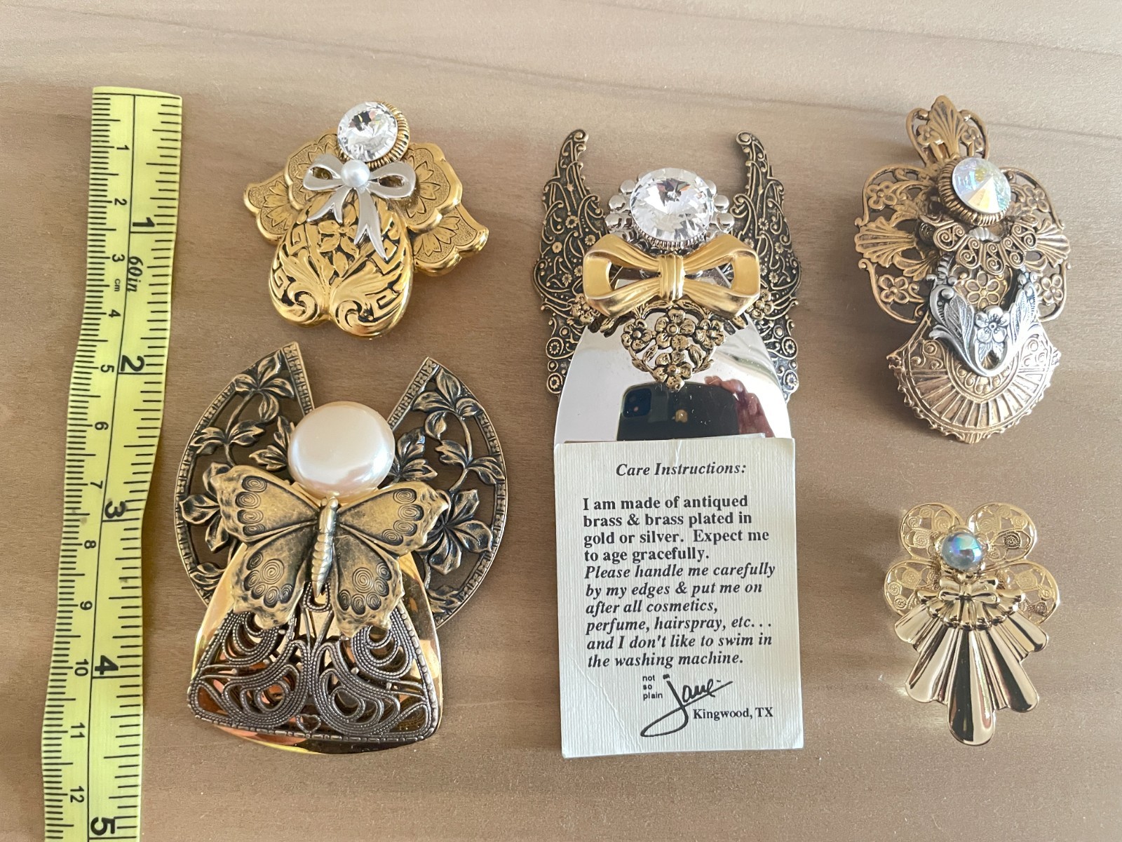 Lot of 5 Vintage Jane Davis Angel Brooches Filigree Gold Silver Bronze Tone