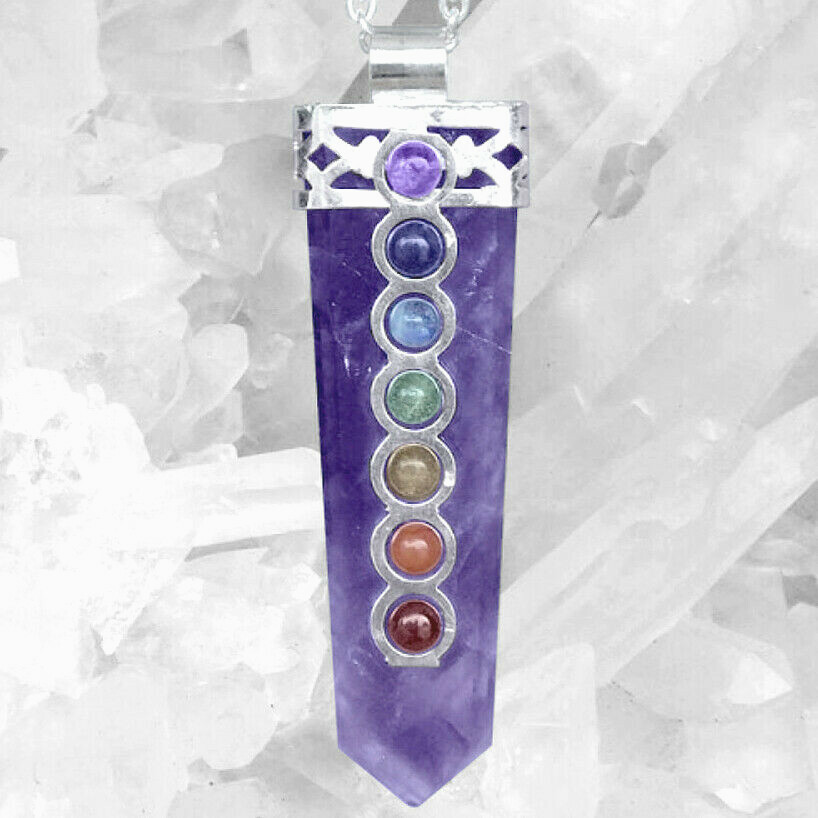 CHARGED Amethyst Crystal Point 7 Chakra Gemstone Silver Pendant & Necklace Reiki