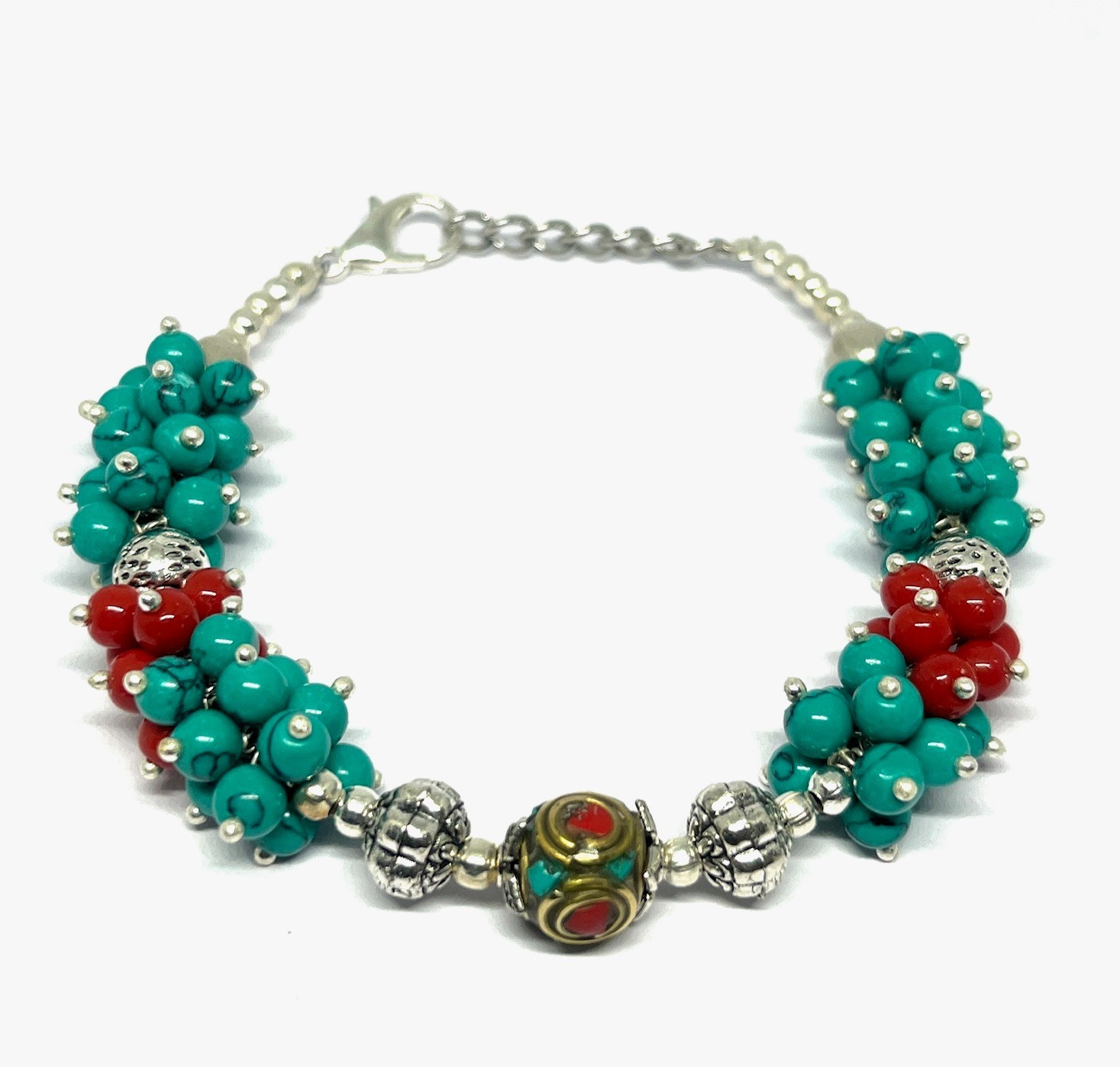 Turquoise Red Coral Gemstone Tibetan Sterling Bracelet Jewelry, 7.0 Inch Adj