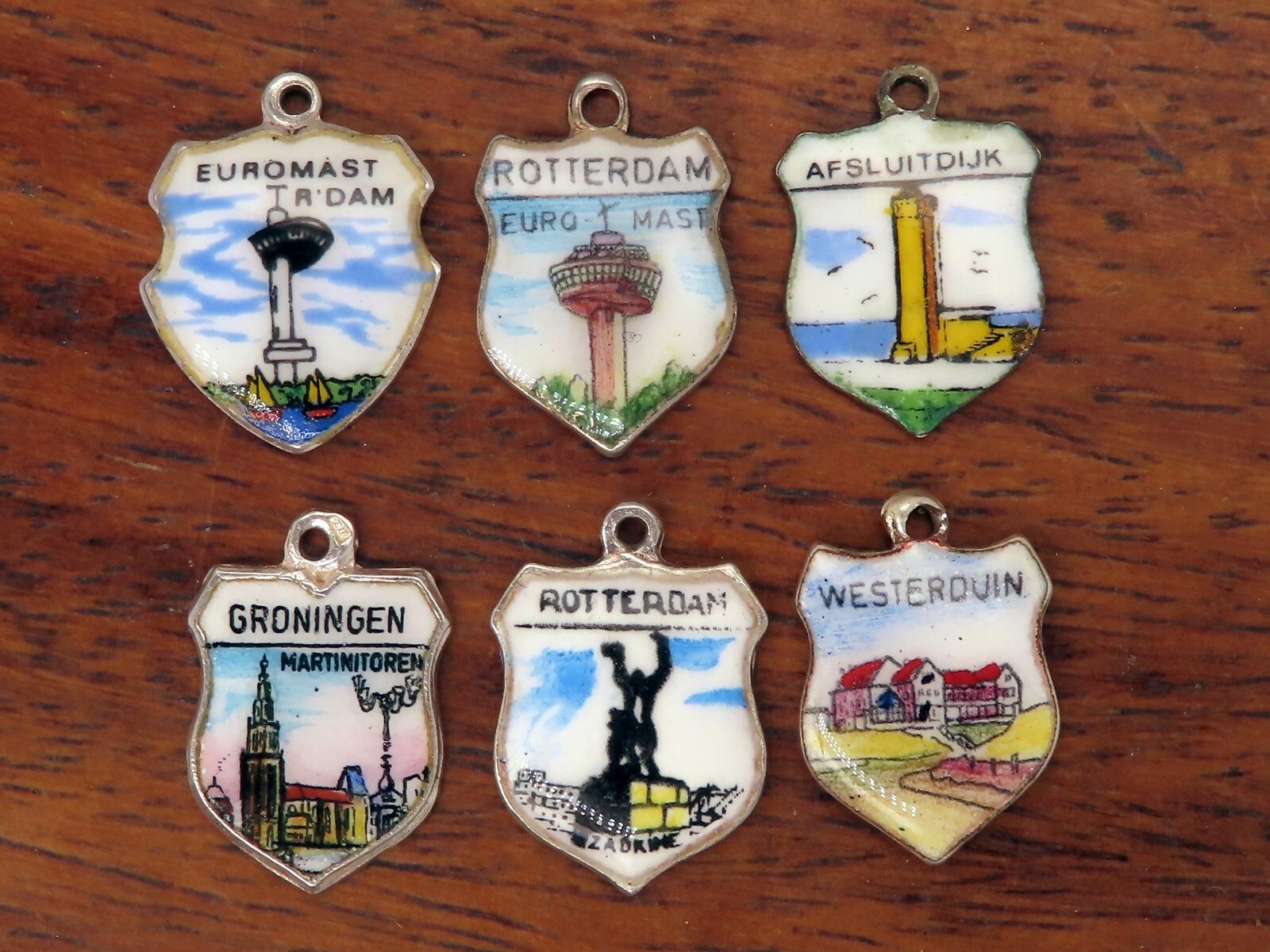 Vintage silver HOLLAND NETHERLANDS DUTCH PORCELAIN ENAMEL TRAVEL SHIELD charm