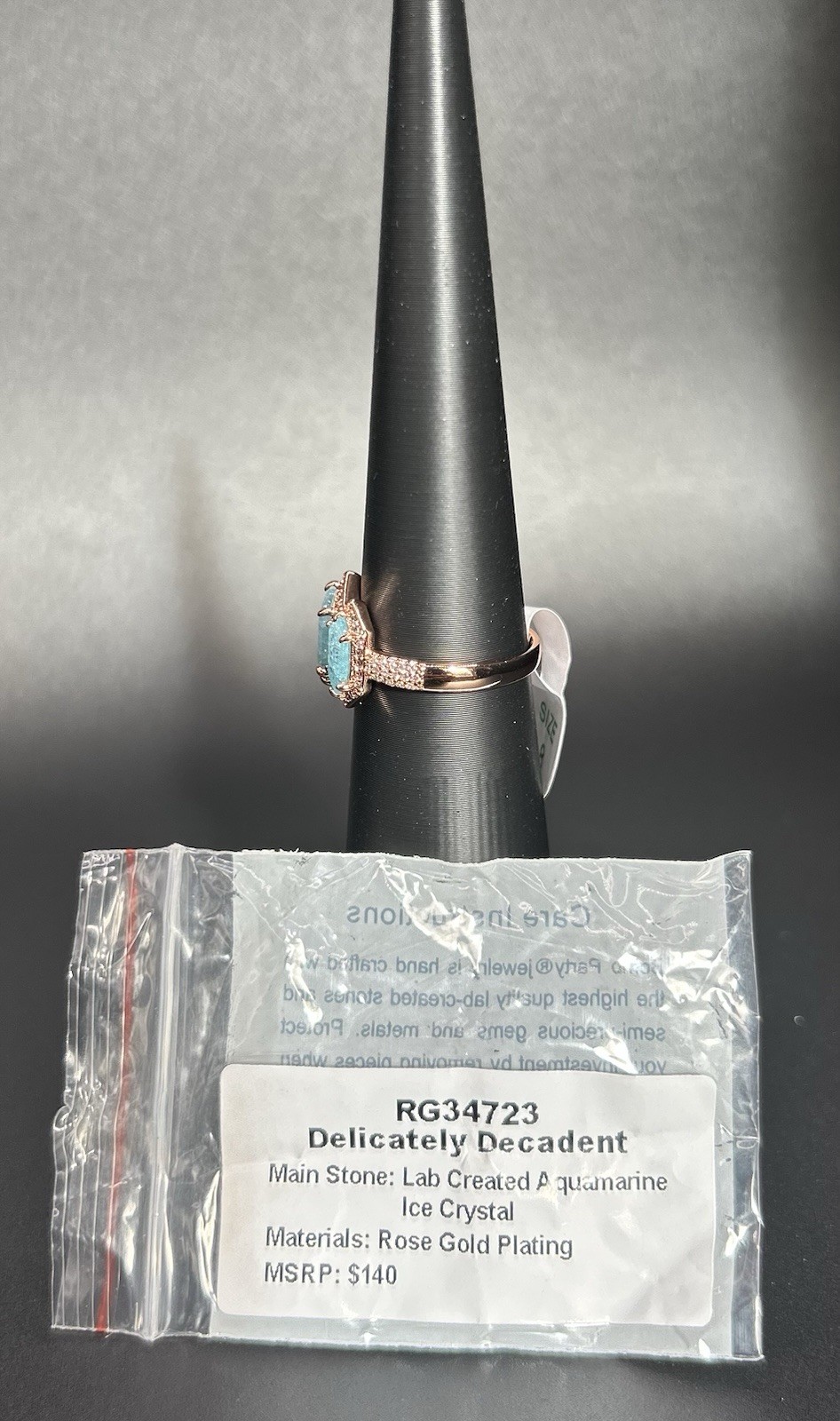 Bomb Party Ring Sz 8 RG34723 ‘Delicately Decadent’ LC Aqua Ice Crystal Rose Gold