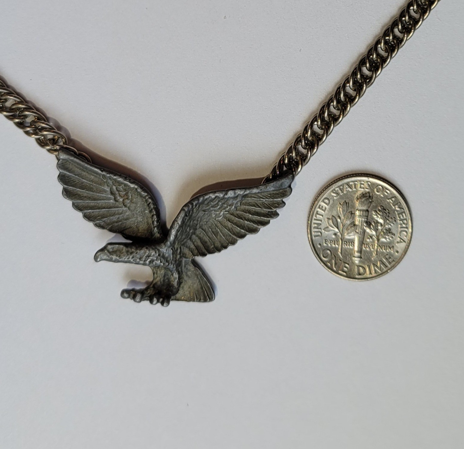Pewter Flying Eagle Pendant 18in Chain Attached To Wing Tips Necklace Vintage