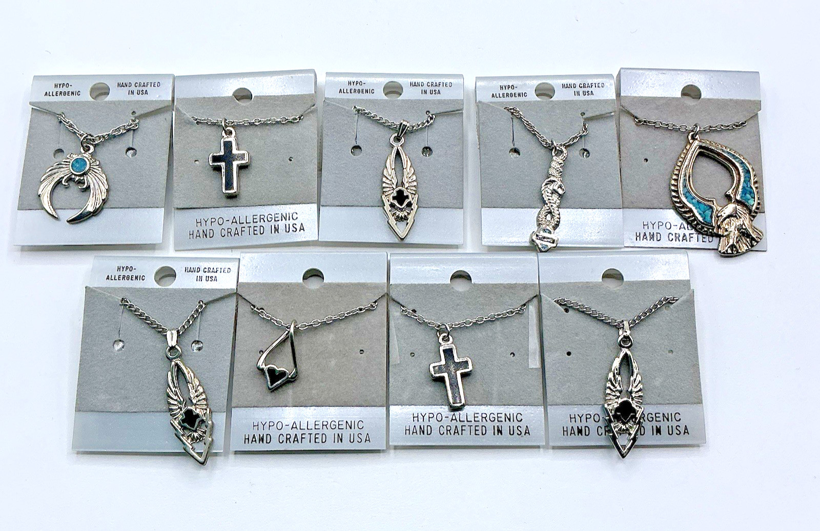 Vtg Silver Tone 18” Necklace Lot of 9 Hand Crafted In USA Cross Wing Snake Gift