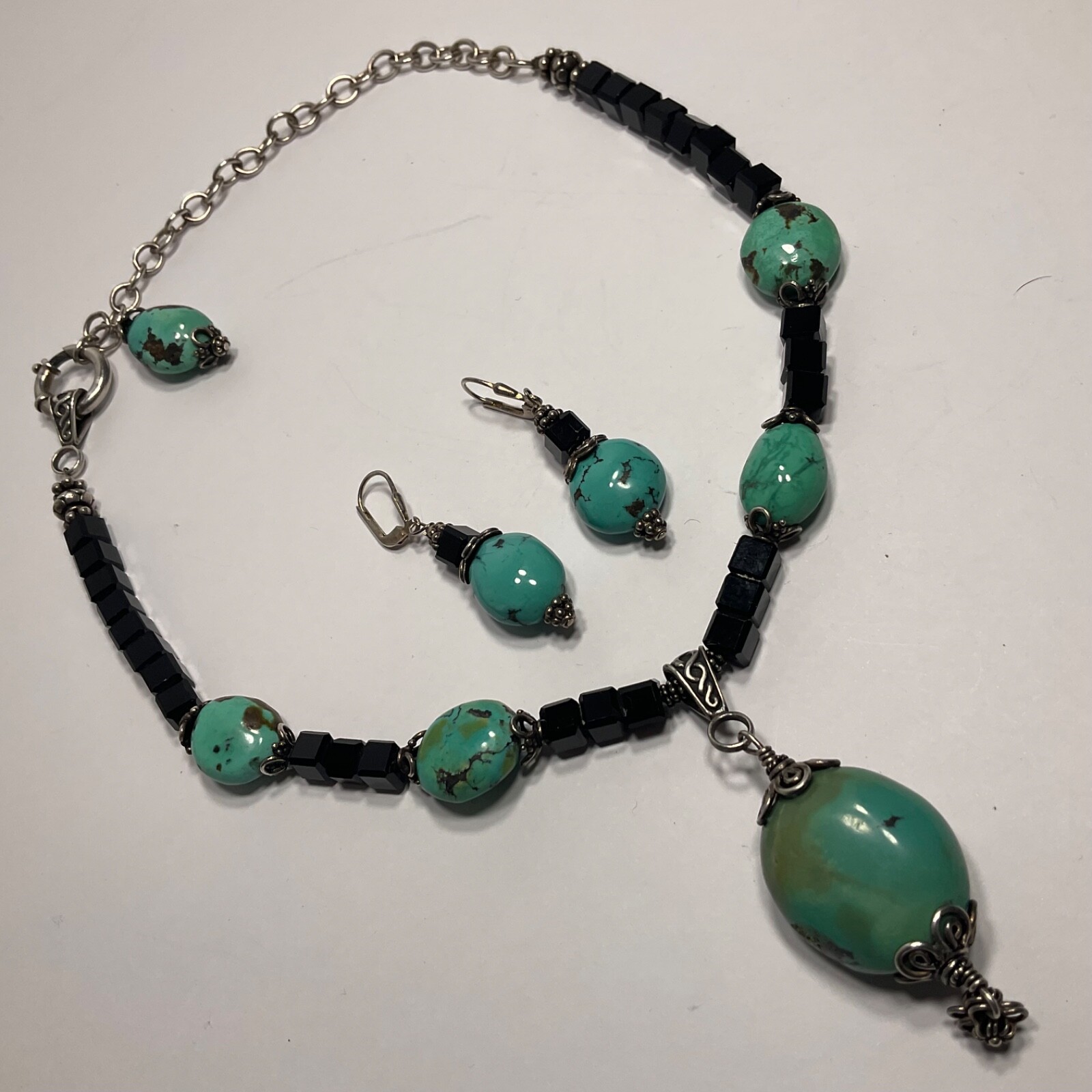 Vtg Genuine Turquoise Black Glass Beaded & Drop Pendant Necklace Earring Set 925