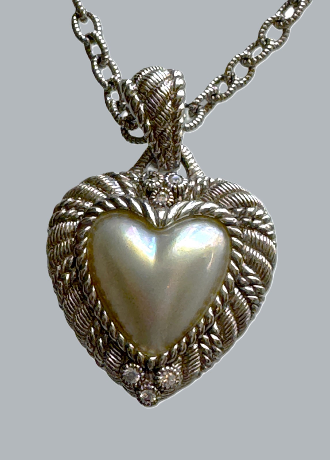 Judith Ripka 925 Sterling Silver MOP Heart Pendant & Station Chain Necklace