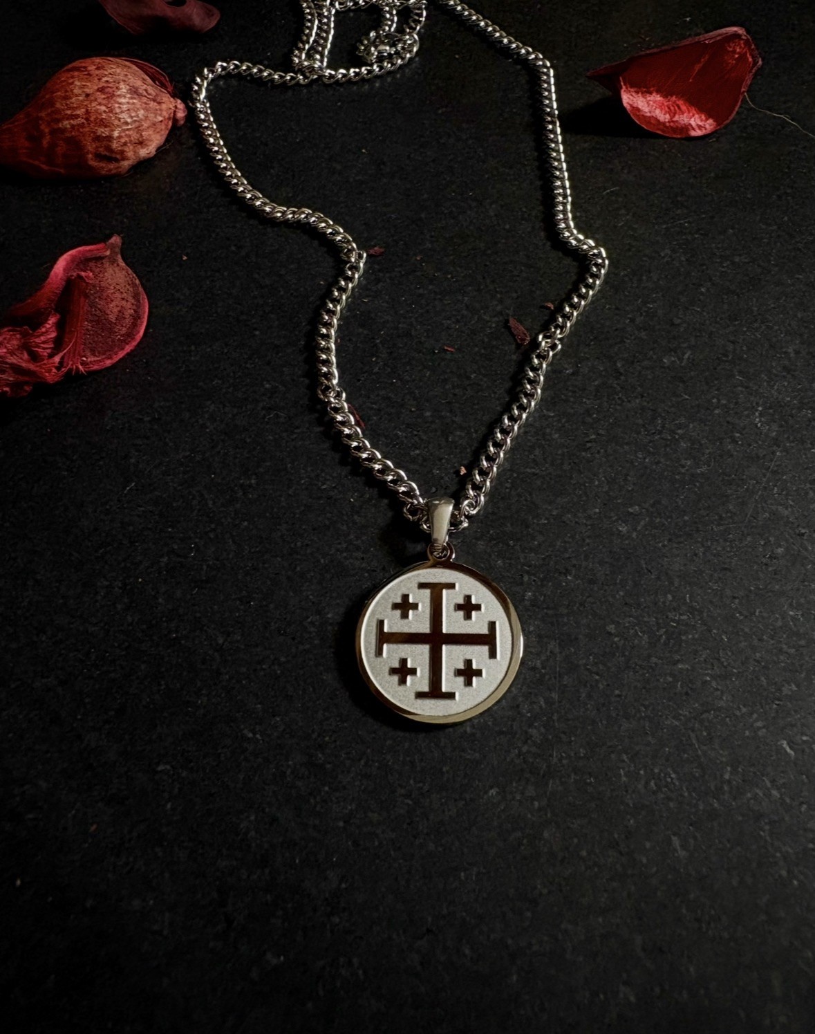 Crusader / Jerusalem Cross Necklace Stainless Steel Pendant 55cm Silver Chain