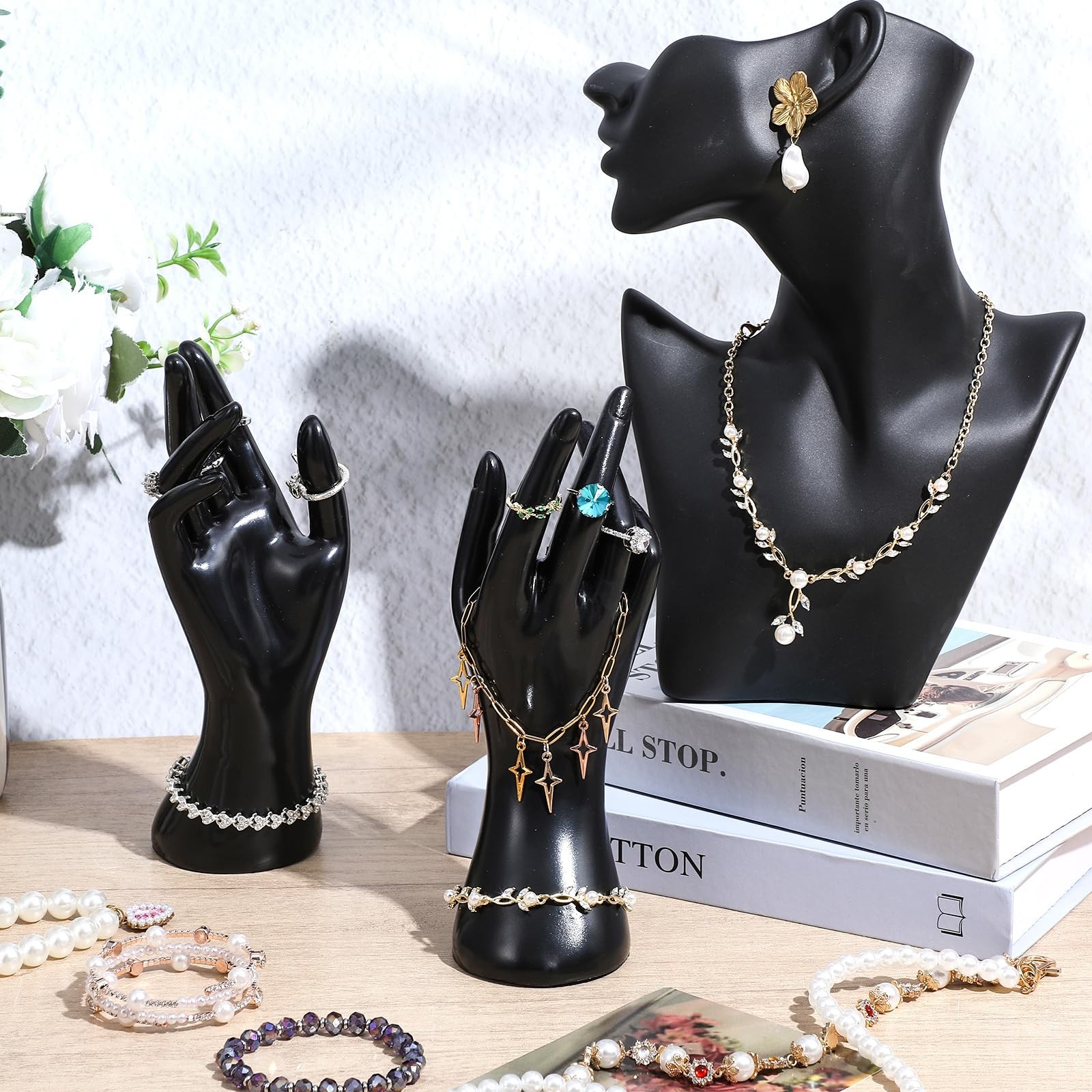 3 Pcs Jewelry Mannequin Display Set – Black PVC Bust Holder with 2 Hand Displ…