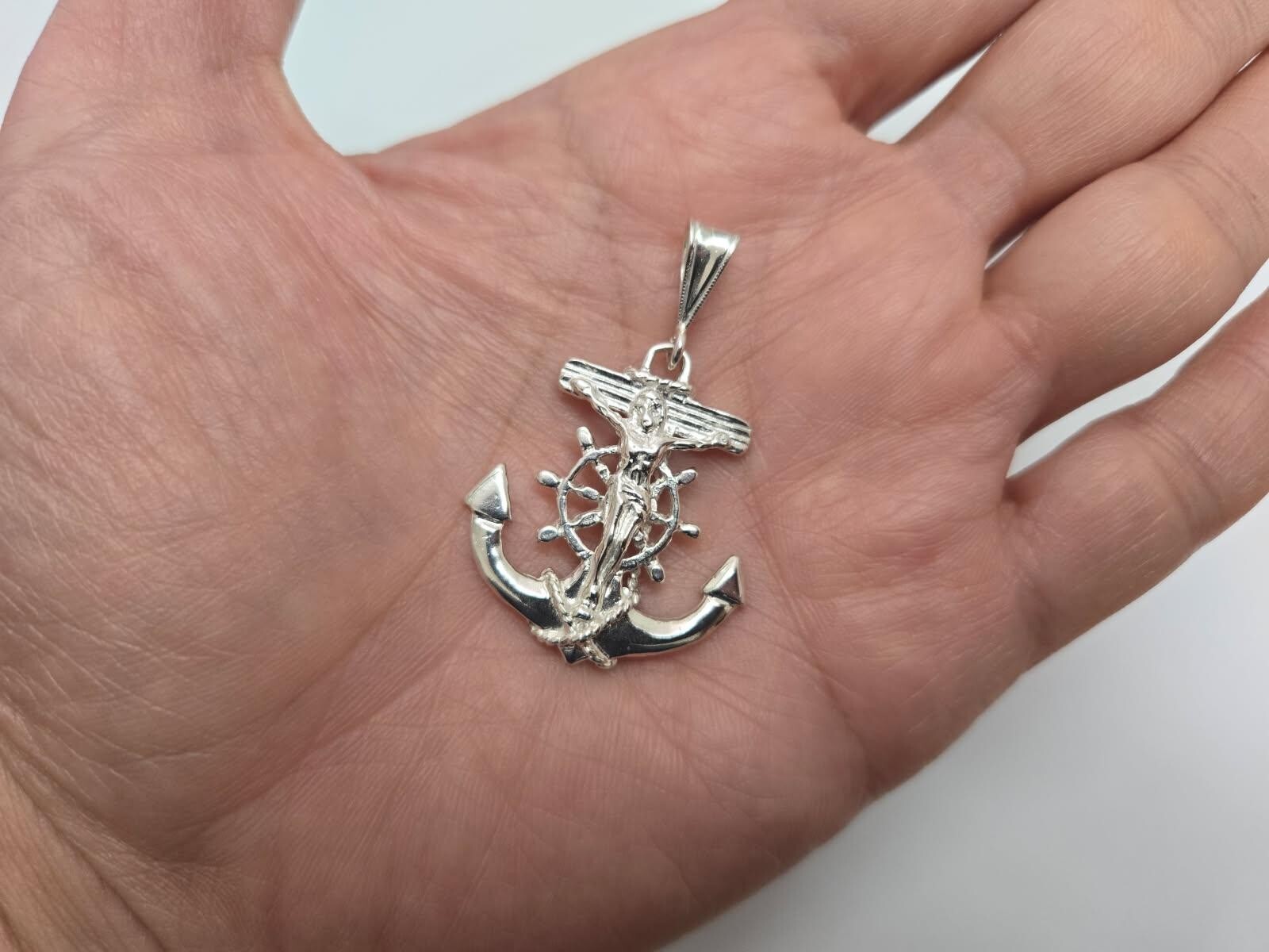 925 Sterling Silver Anchor Mariner Crucifix Cross Pendant 1 1/4 Inch (31mm)
