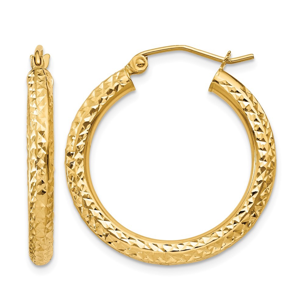 14K Yellow Gold Diamond-Cut Round Tube Hoop Earrings 3mm 0.6-2.6in All Sizes