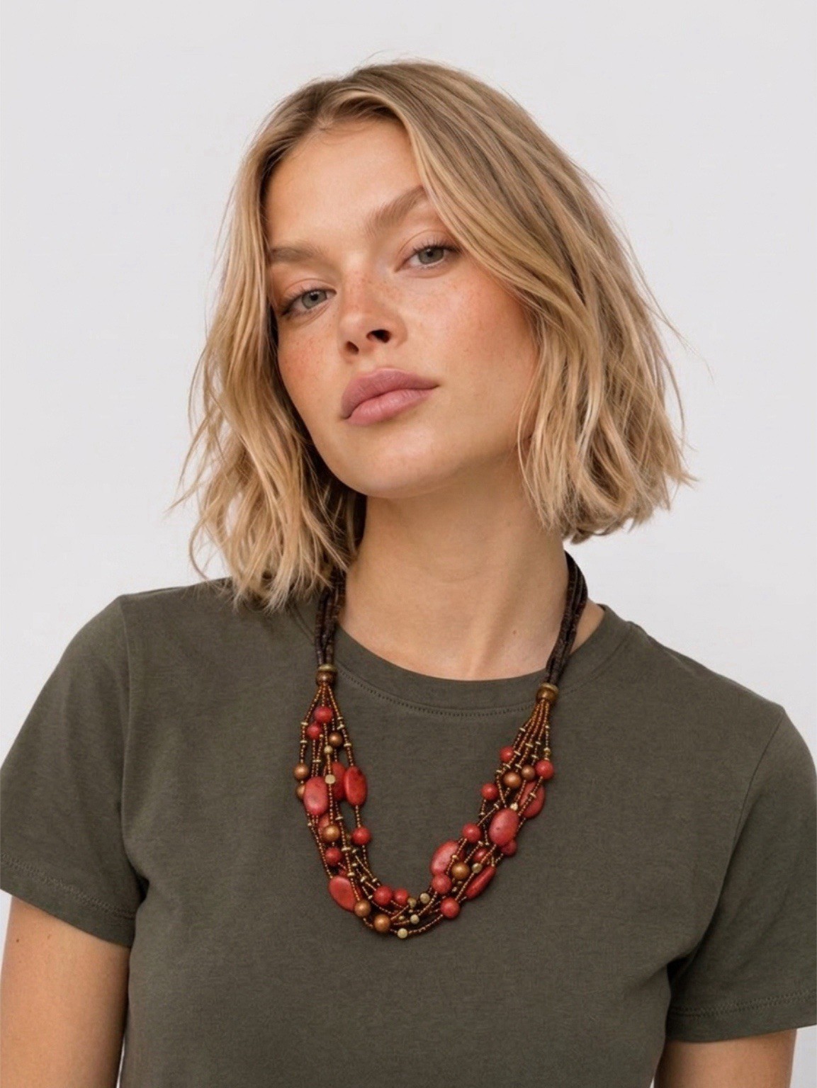 Red & Brown Layered Multi-Strand Beaded Statement Necklace, Round Beads