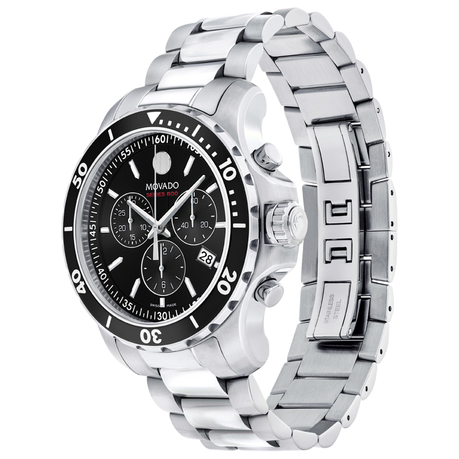 Movado Series 800 Black Dial & Bezel 42mm Chronograph Steel Watch Model #2600142