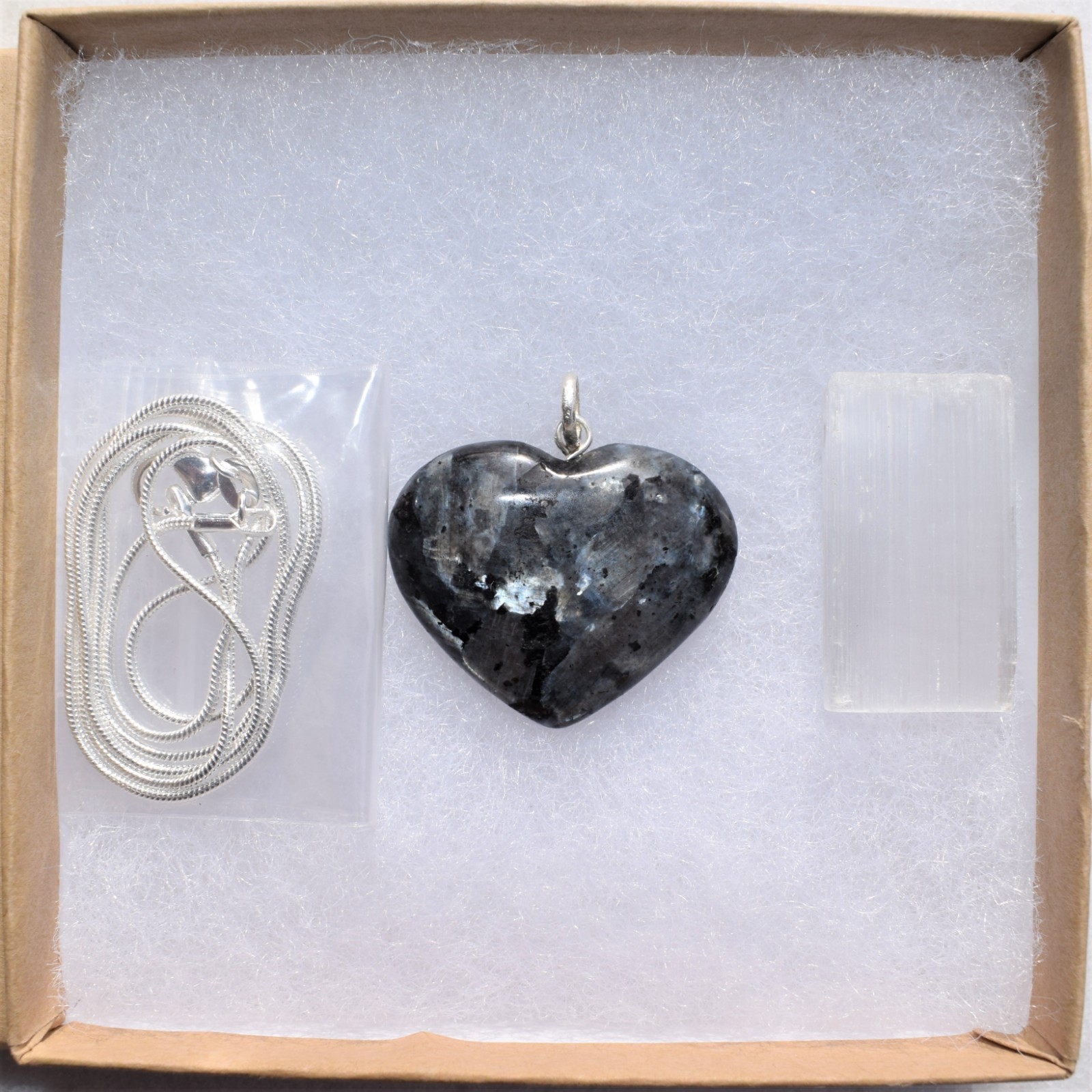 Charged Titanium Flash LARVIKITE Heart Pendant + 20″ Stainless Steel Chain