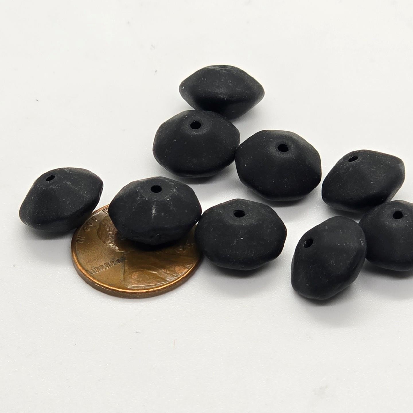 Vintage Matte Black Frosted German Glass Faceted Bicone Beads Brutalist 8pc