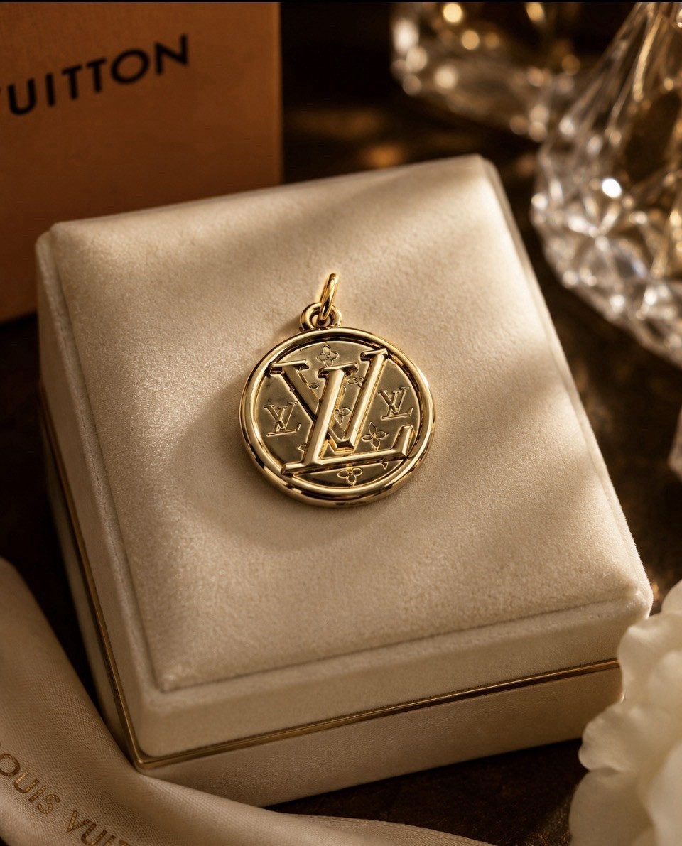 Louis Vuitton LV Gold Tone Round Pendant Charm Medallion Authentic
