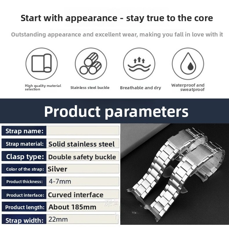 For Longiness Spirit L3.812 Solid Curved Stainless Steel Watch Band Strap 22mm