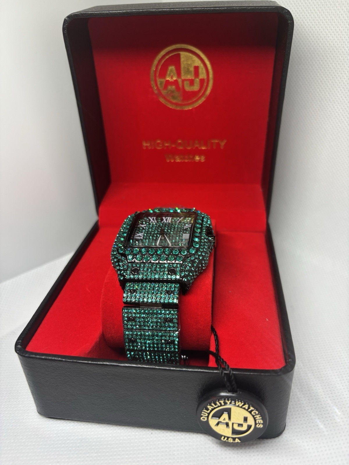 AJ Iced Out Green Crystal Watch Black Stainless Steel Roman Dial New